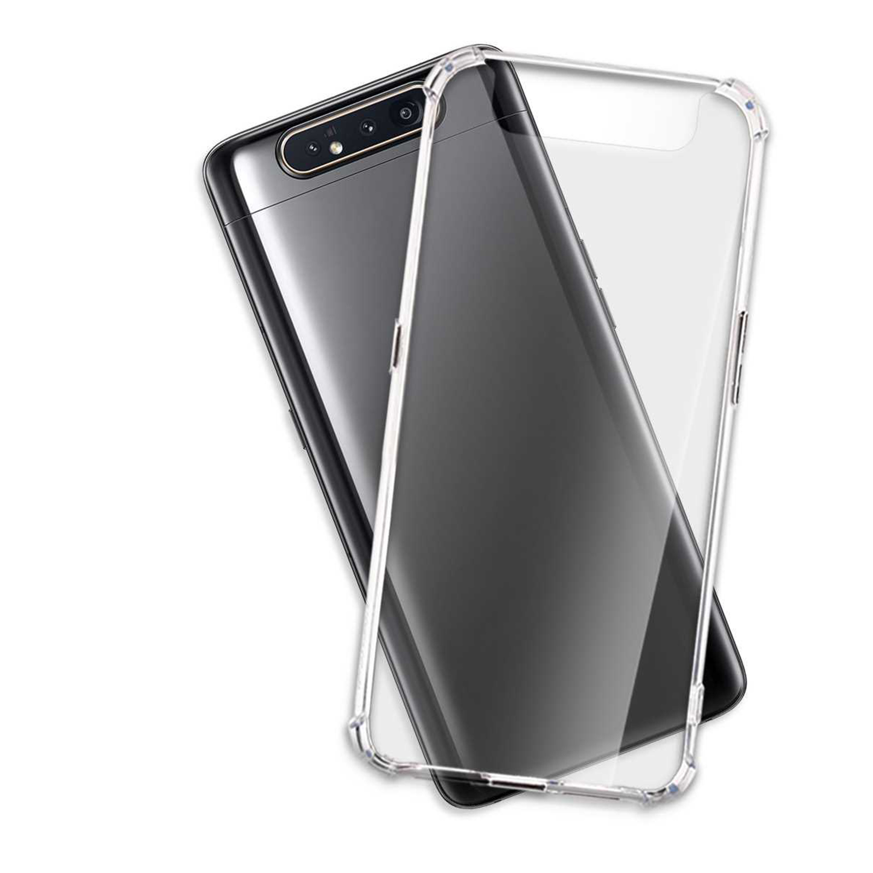 Ein schwarzes Telefon mit einer transparenten Schutzhülle.
