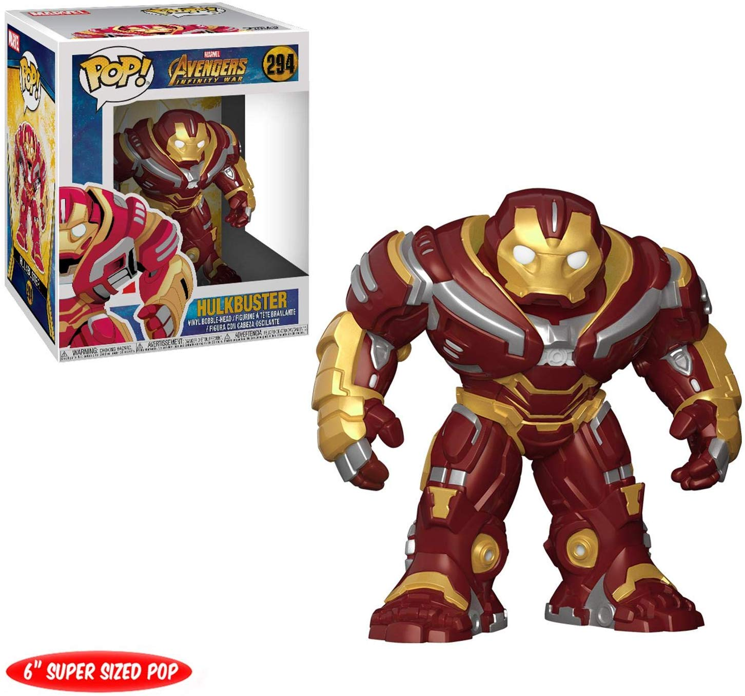 Hulkbuster-Actionfigur mit Box. Hulkbuster ist rot und gold.