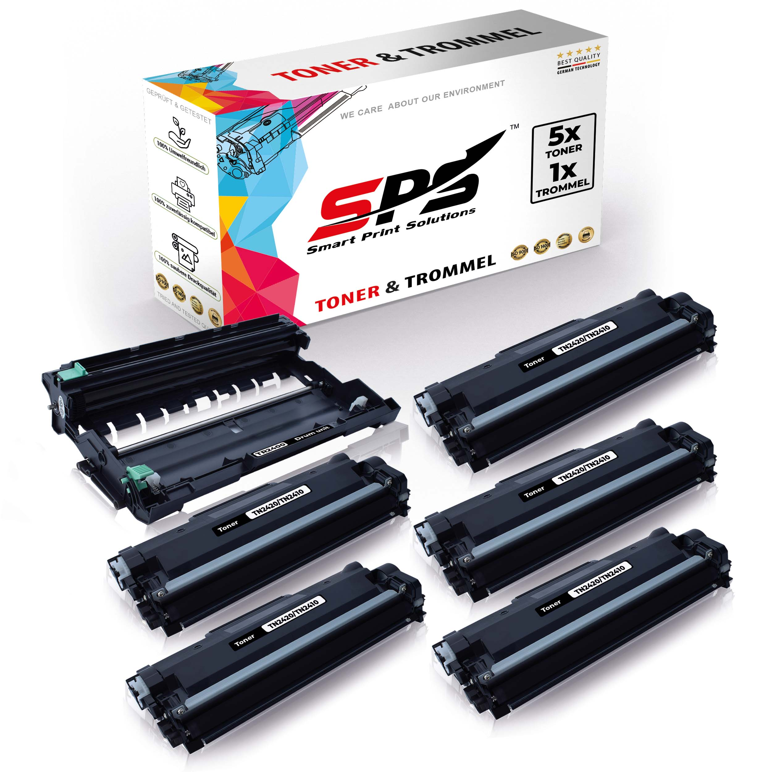 Toner- und Trommel-Kit. Die Box ist im Hintergrund, Patronen und Trommeleinheit vorne.