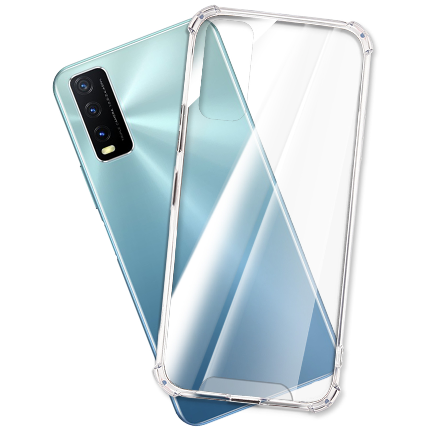 Blaues Telefon in einer transparenten Hülle. Winkelansicht. Weißer Hintergrund.