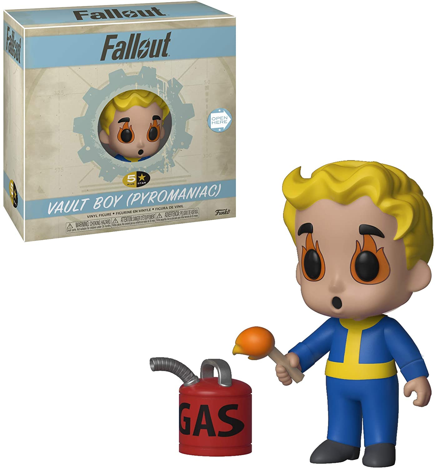 Personaggio giocattolo di Fallout Vault Boy, con una tanica di carburante e un accendino, con l'arte della scatola.