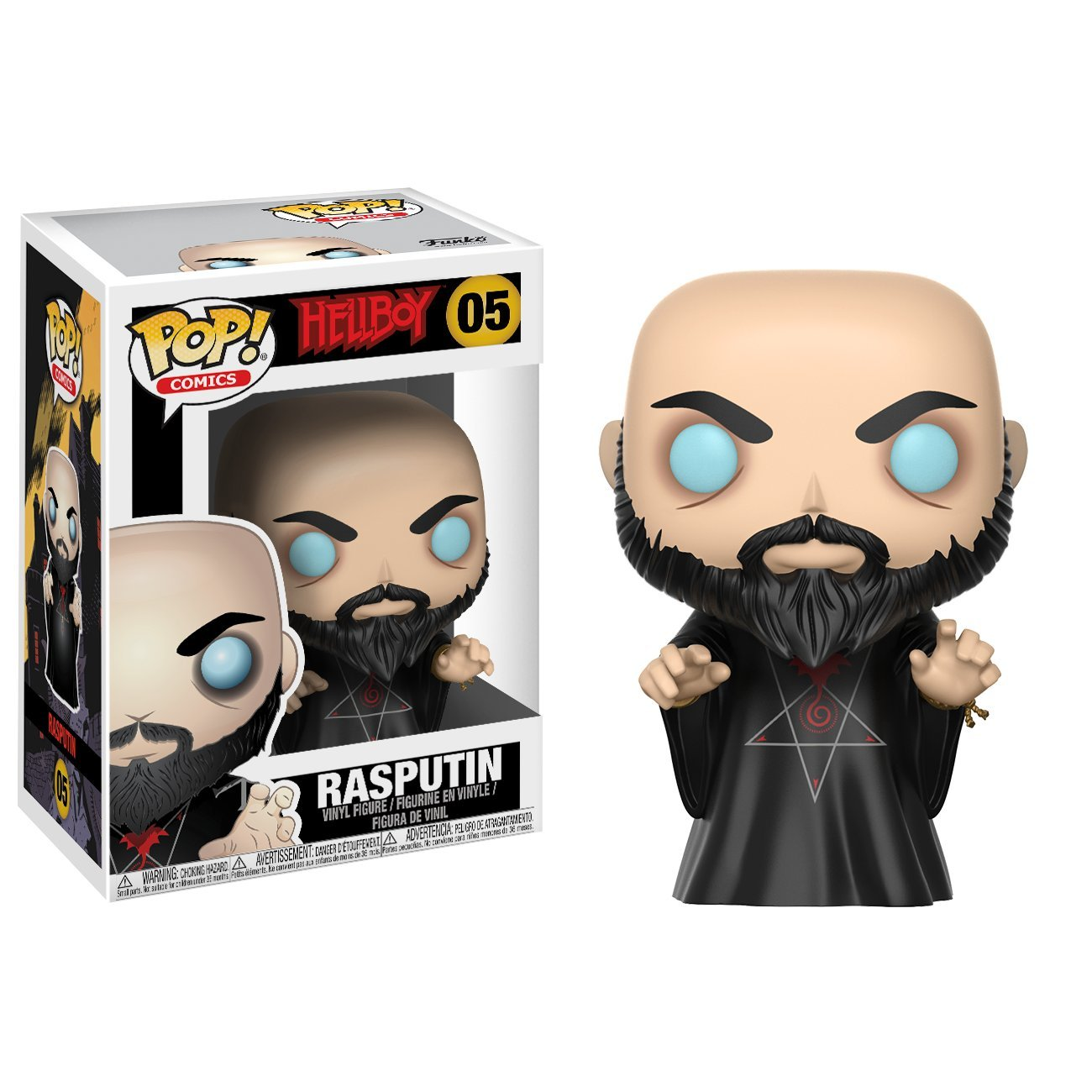 Funko Pop-Figur von Rasputin. Er hat einen schwarzen Bart und trägt eine schwarze Robe. Die Box befindet sich links von ihm.