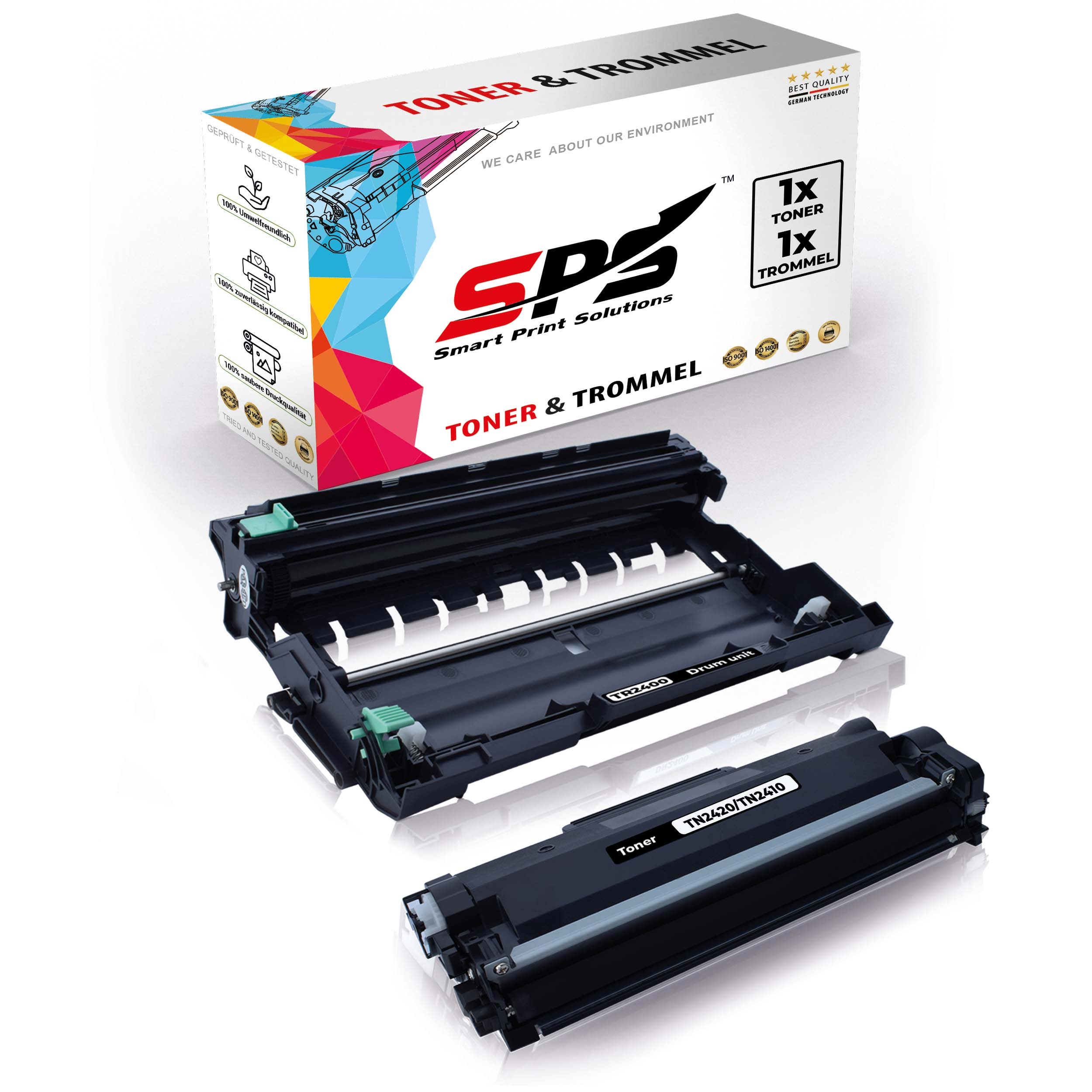 Toner- und Trommel-Kit. Box im Hintergrund, mit Patronen und Trommeleinheit vorne.