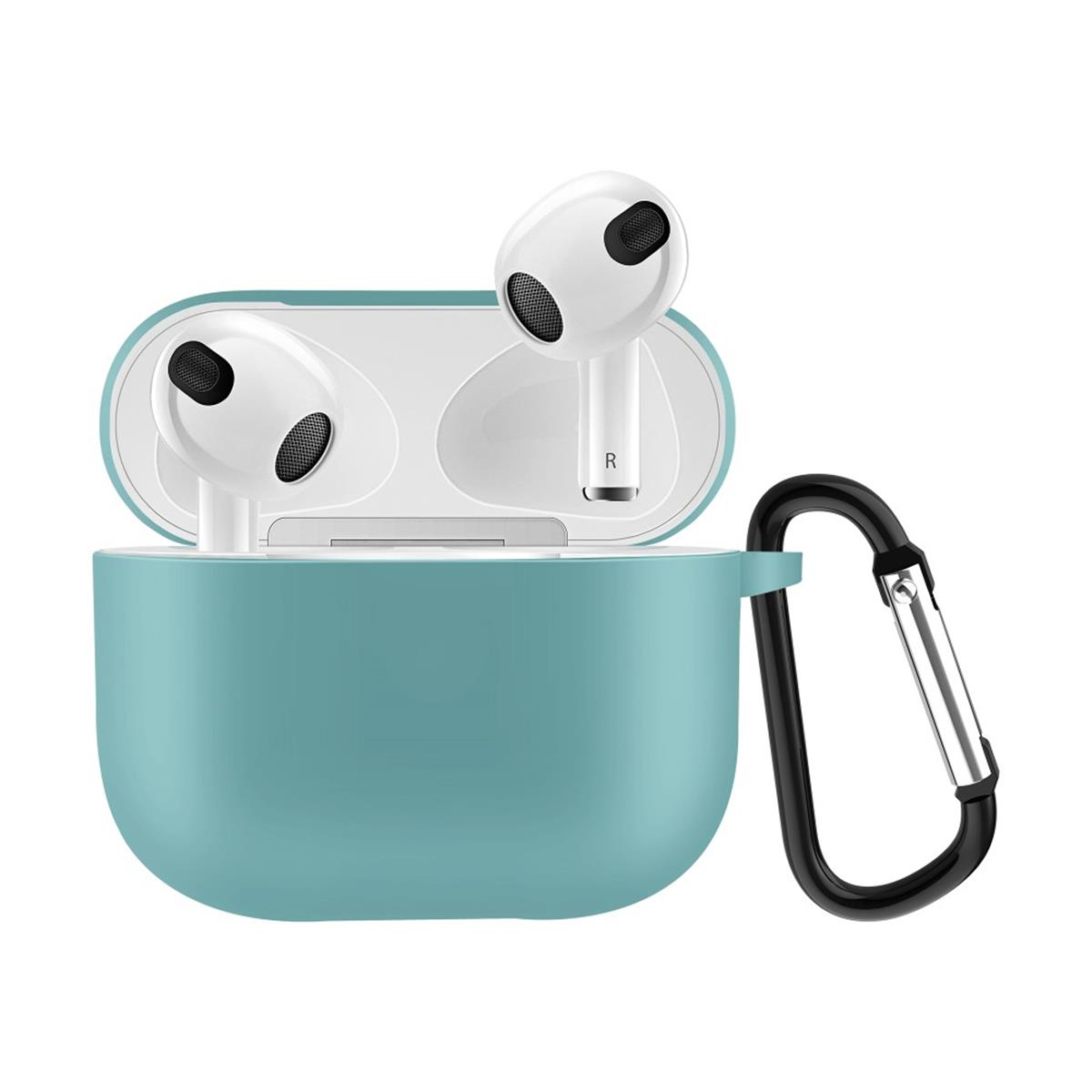 Weiße Ohrhörer in einem blauen Etui mit einem schwarzen Karabiner.