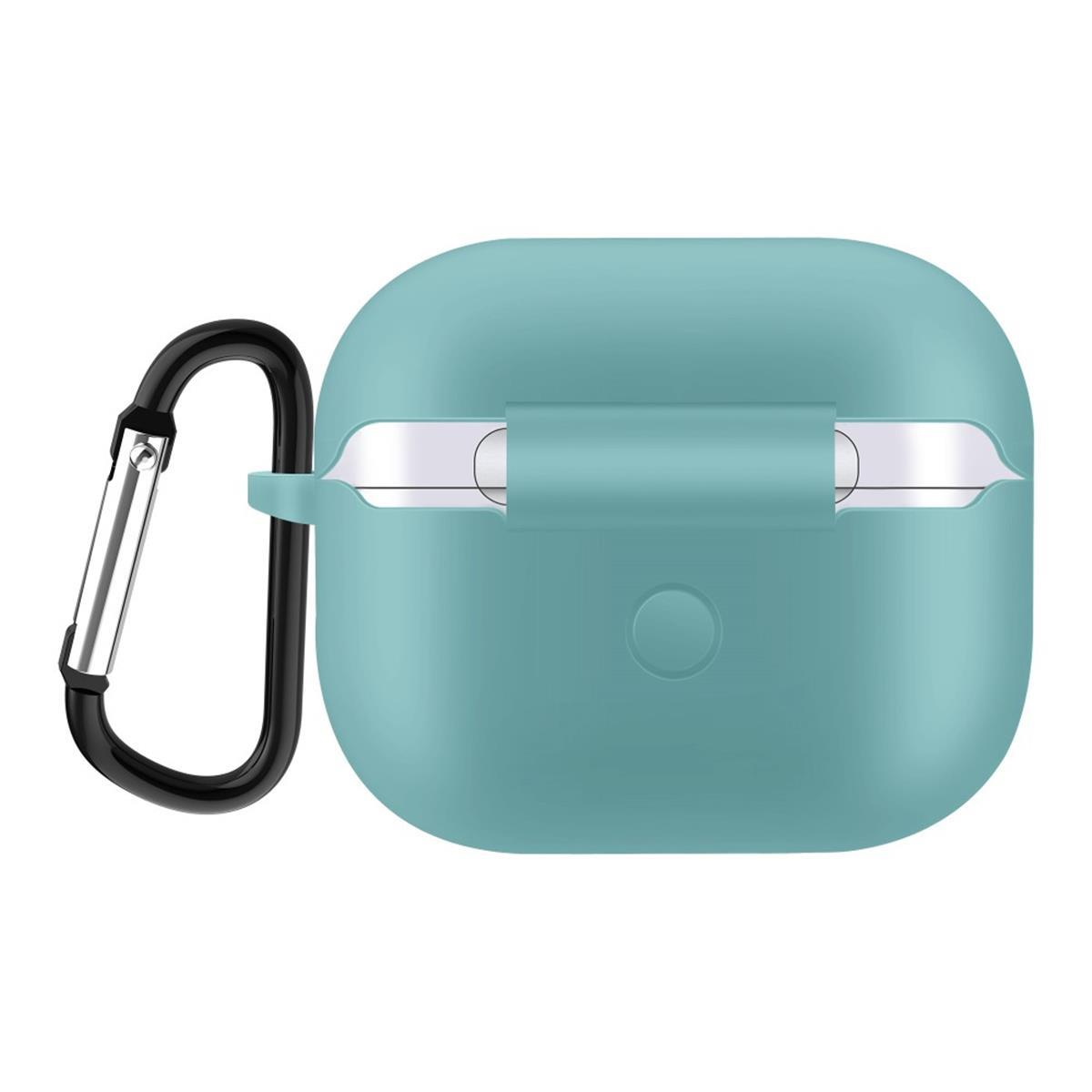 Türkisfarbenes AirPods-Etui mit schwarzem Karabinerhaken.