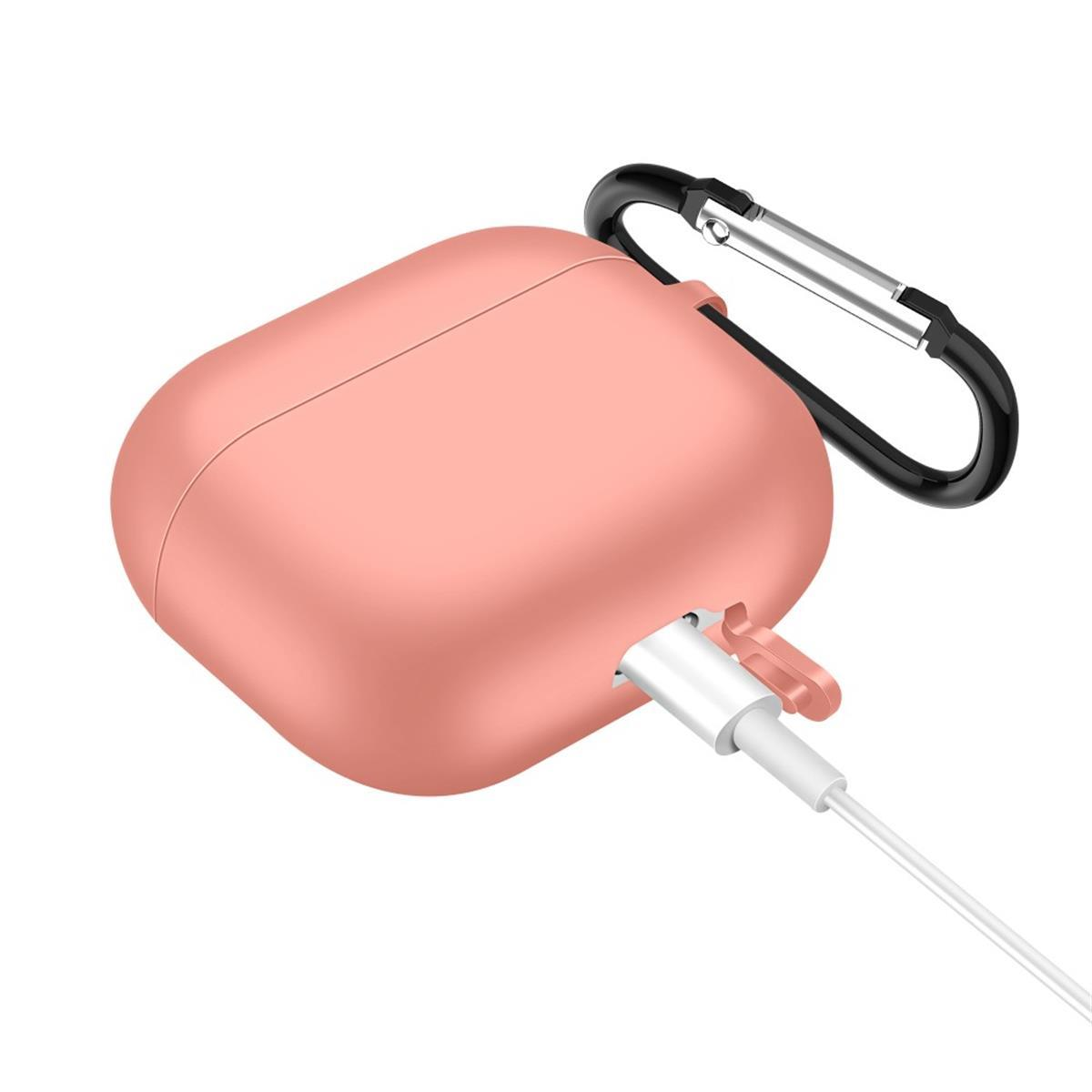 Eine rosa Handyhülle mit einem Ladekabel. Die Handyhülle hat die Form eines Quadrats.