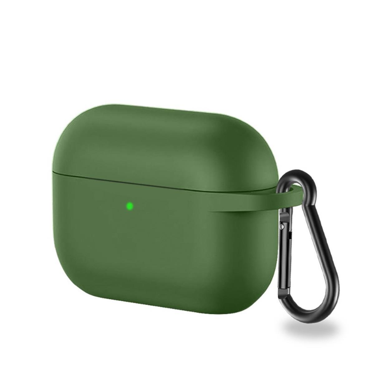 Grünes Ohrhörer-Etui mit schwarzem Karabiner. Es hat ein grünes Licht. Weißer Hintergrund.