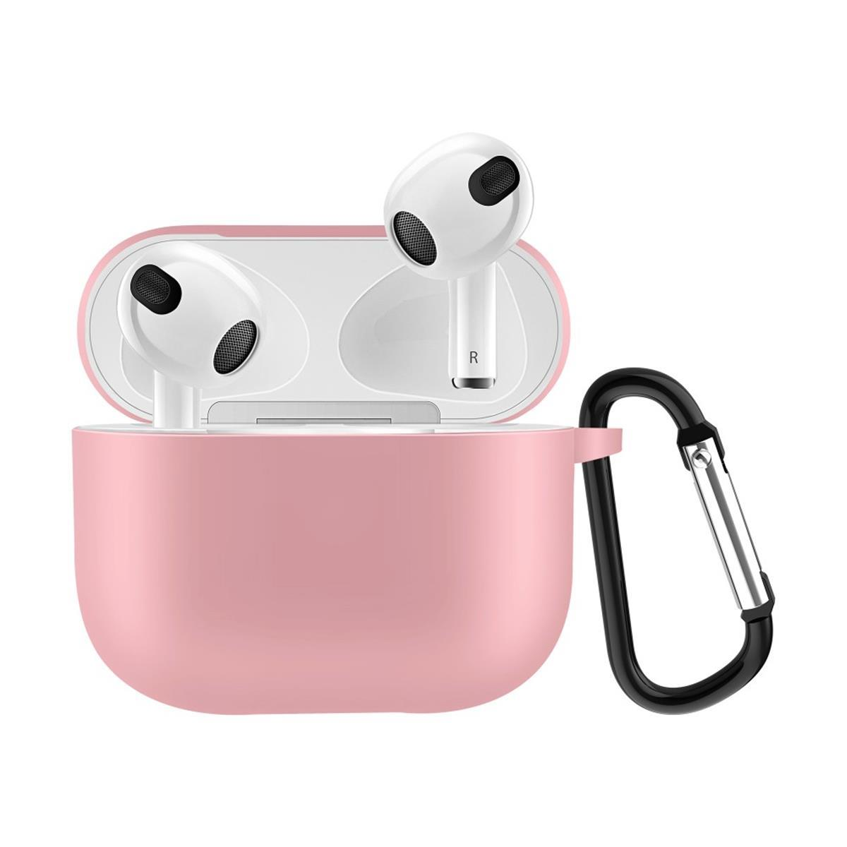 Rosa Kopfhörer-Etui und -Ohrhörer mit schwarzem Karabiner.
