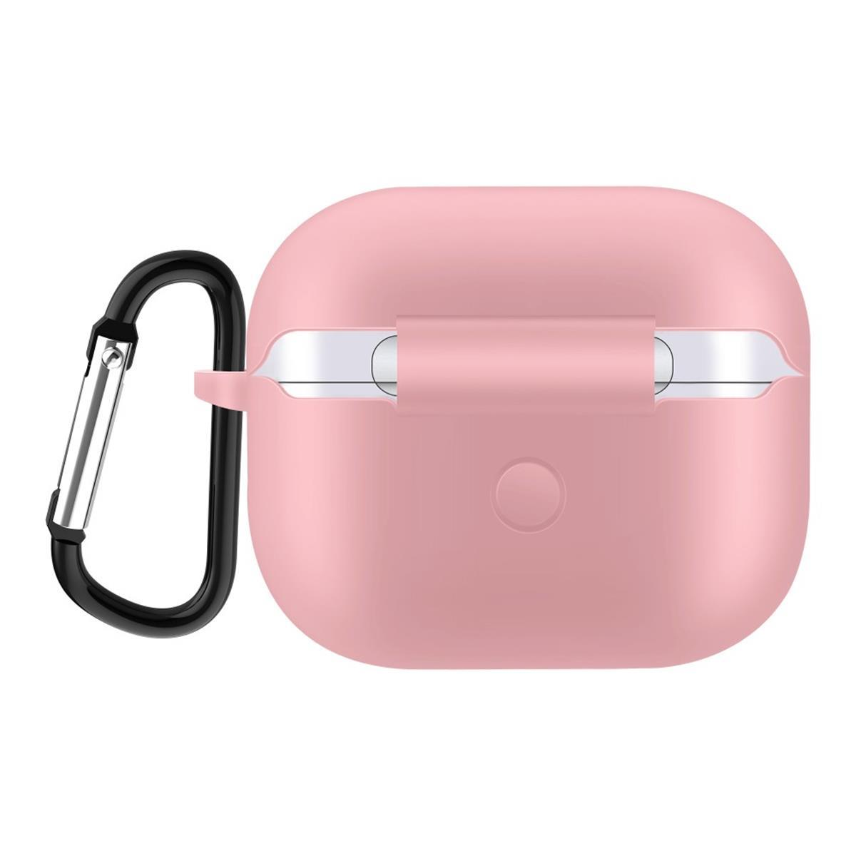 Rosa AirPods-Hülle mit schwarzem Karabiner. Die Hülle ist glatt und abgerundet.