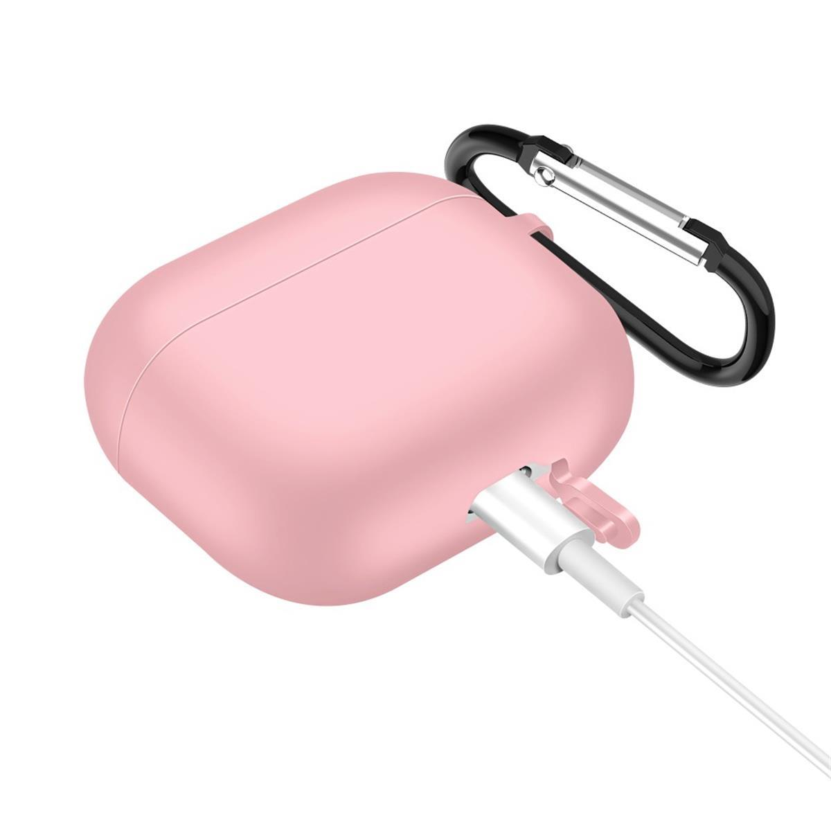 Rosa Kopfhörer-Etui mit eingestecktem Ladekabel. Schwarzer Karabiner.