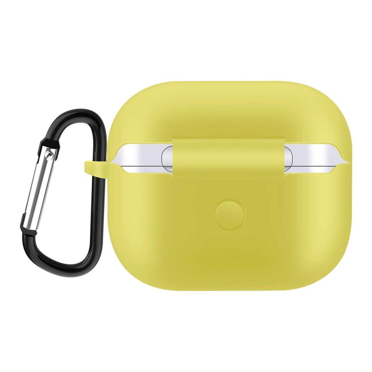 Gelbes Ohrhörer-Etui mit angebrachtem schwarzen Karabiner.