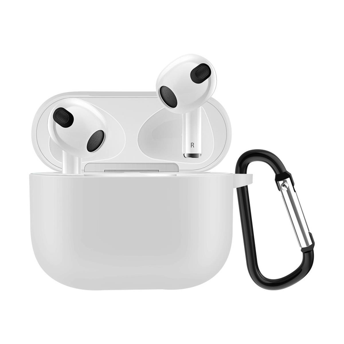 Weiße Ohrhörer in weißem Etui mit schwarzem Haken. Der Hintergrund ist weiß.