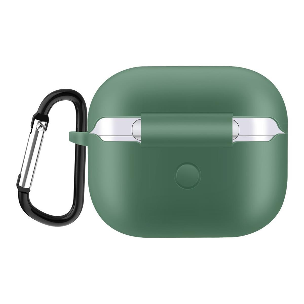 Ein grünes Ohrhörer-Etui mit einem schwarzen Karabinerhaken daran befestigt.