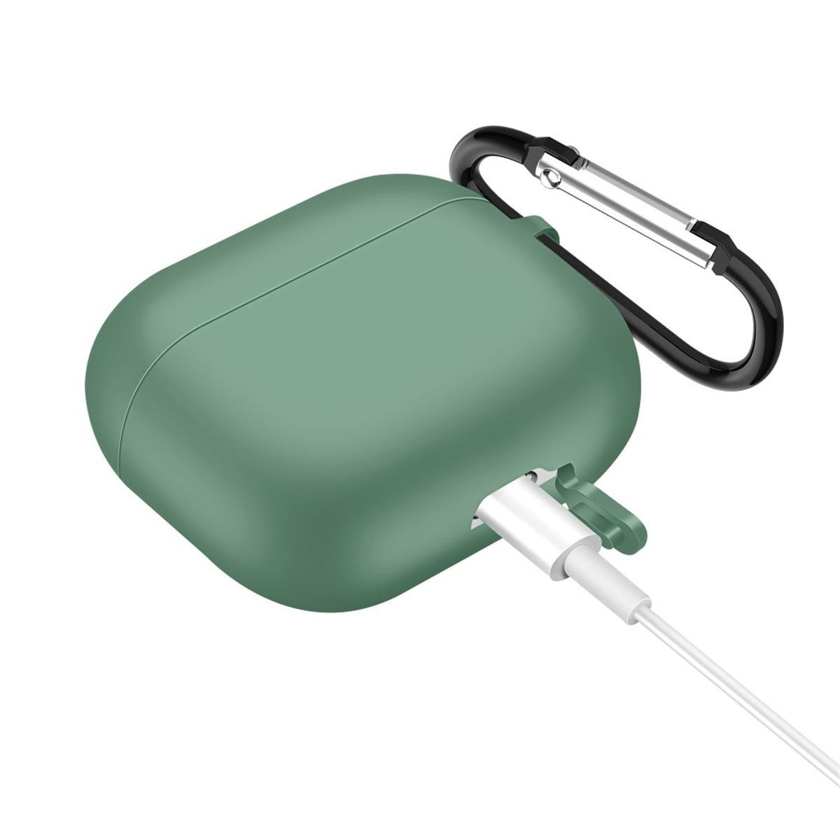 Grüne Kopfhörerhülle mit eingestecktem Ladekabel und silbernem Clip.