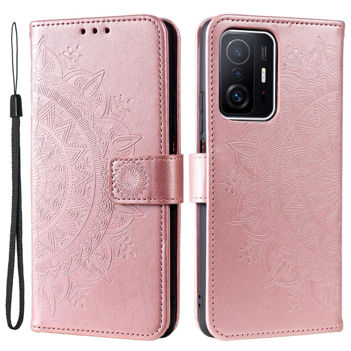 Rosa Handyhülle mit Mandala-Design. Geöffnet und geschlossen. Schwarzer Riemen.