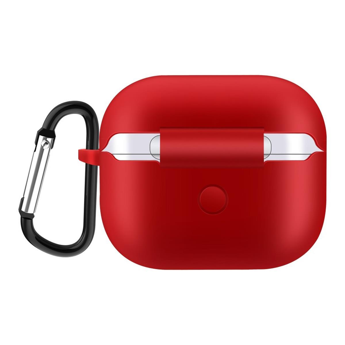 Eine rote AirPods-Hülle mit einem schwarzen Karabiner.