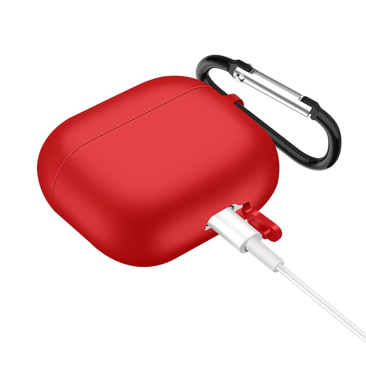 Rotes AirPods-Case mit weißem Ladekabel. Schwarzer Karabinerhaken.