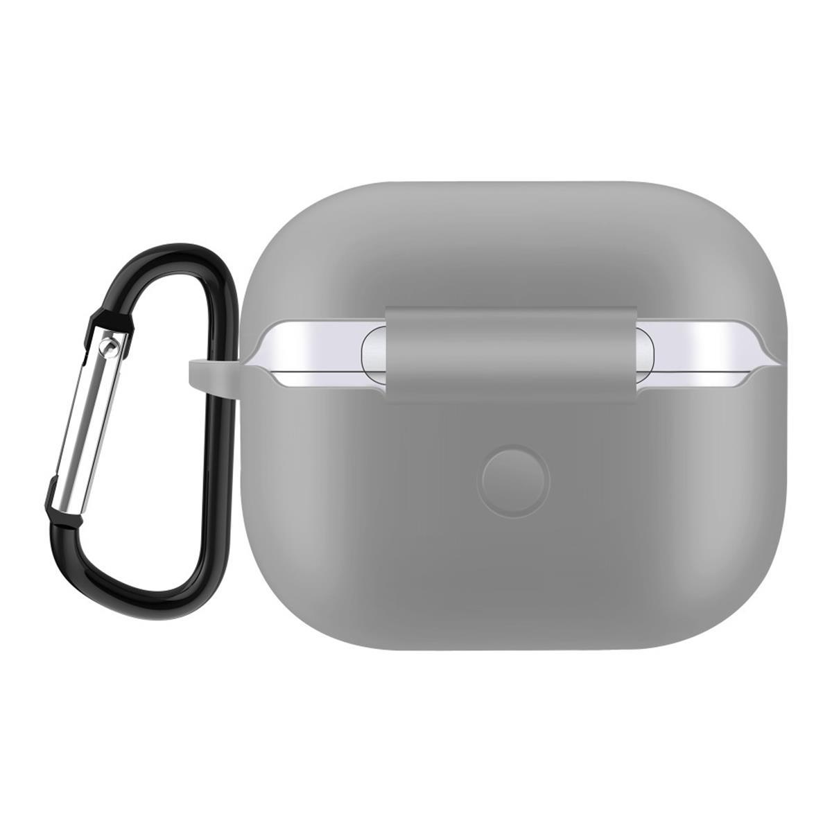 Eine graue AirPods-Hülle mit einem schwarzen Karabinerhaken.