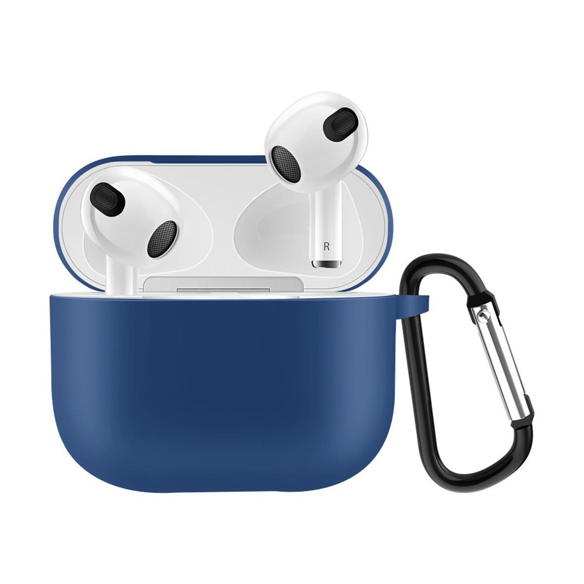 Kabellose Ohrhörer in Ladecase. Blaue Hülle, weiße Ohrhörer, schwarzer Karabiner.