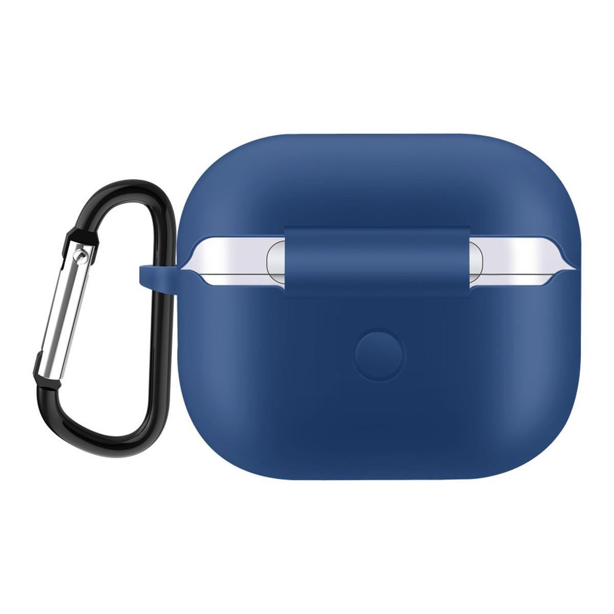 Blaue AirPods-Hülle mit angebrachtem schwarzen Karabiner.