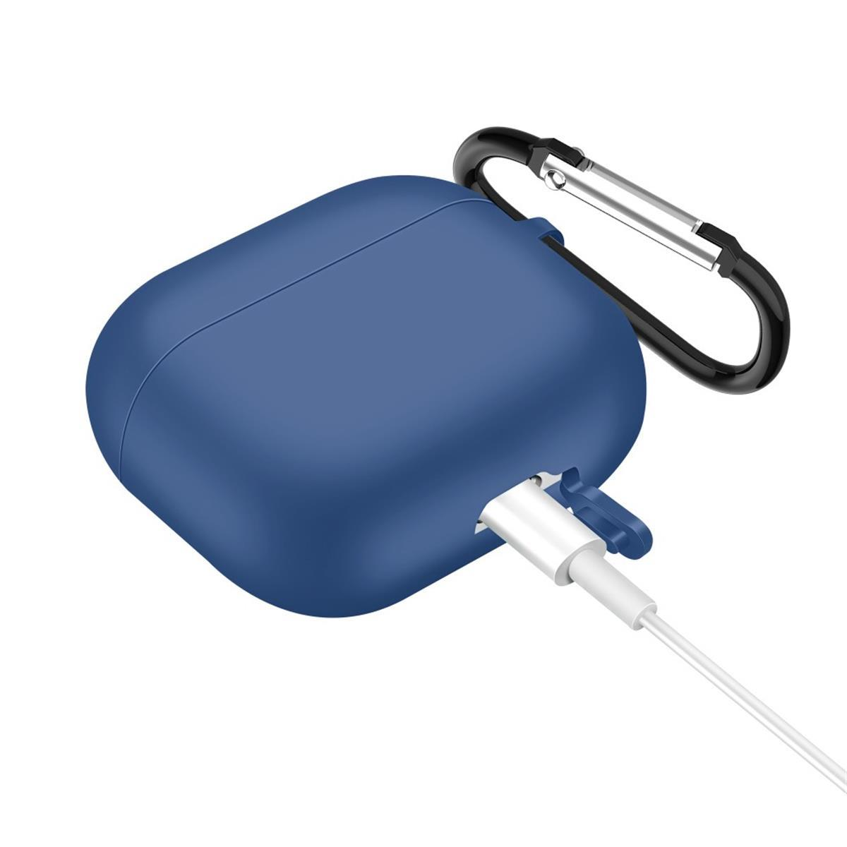 Blaue Hülle mit Ladekabel. Hülle ist für Airpods. Ladekabel ist weiß und eingesteckt.