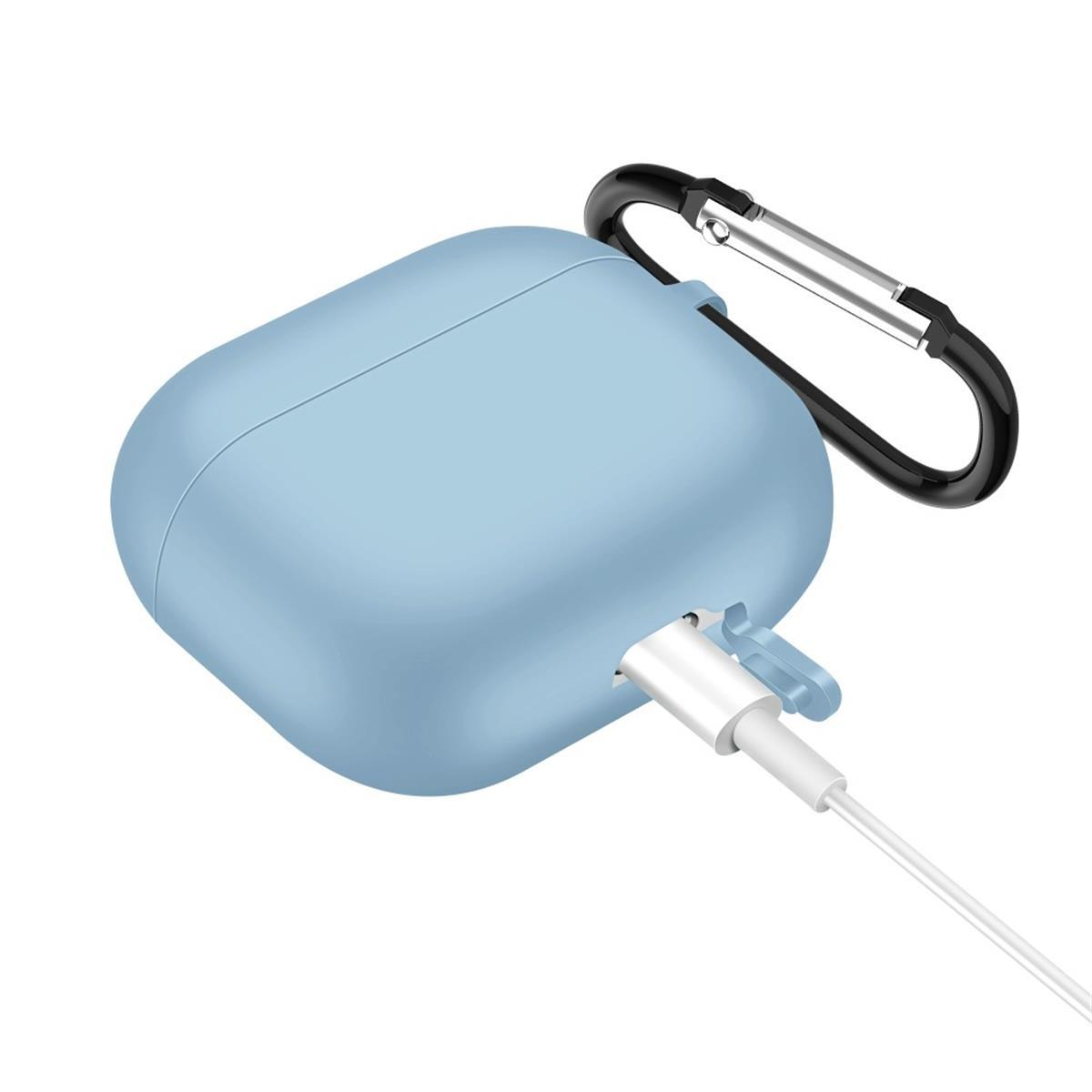 Ein hellblaues Ladecase mit einem schwarzen Haken und einem weißen Ladekabel.