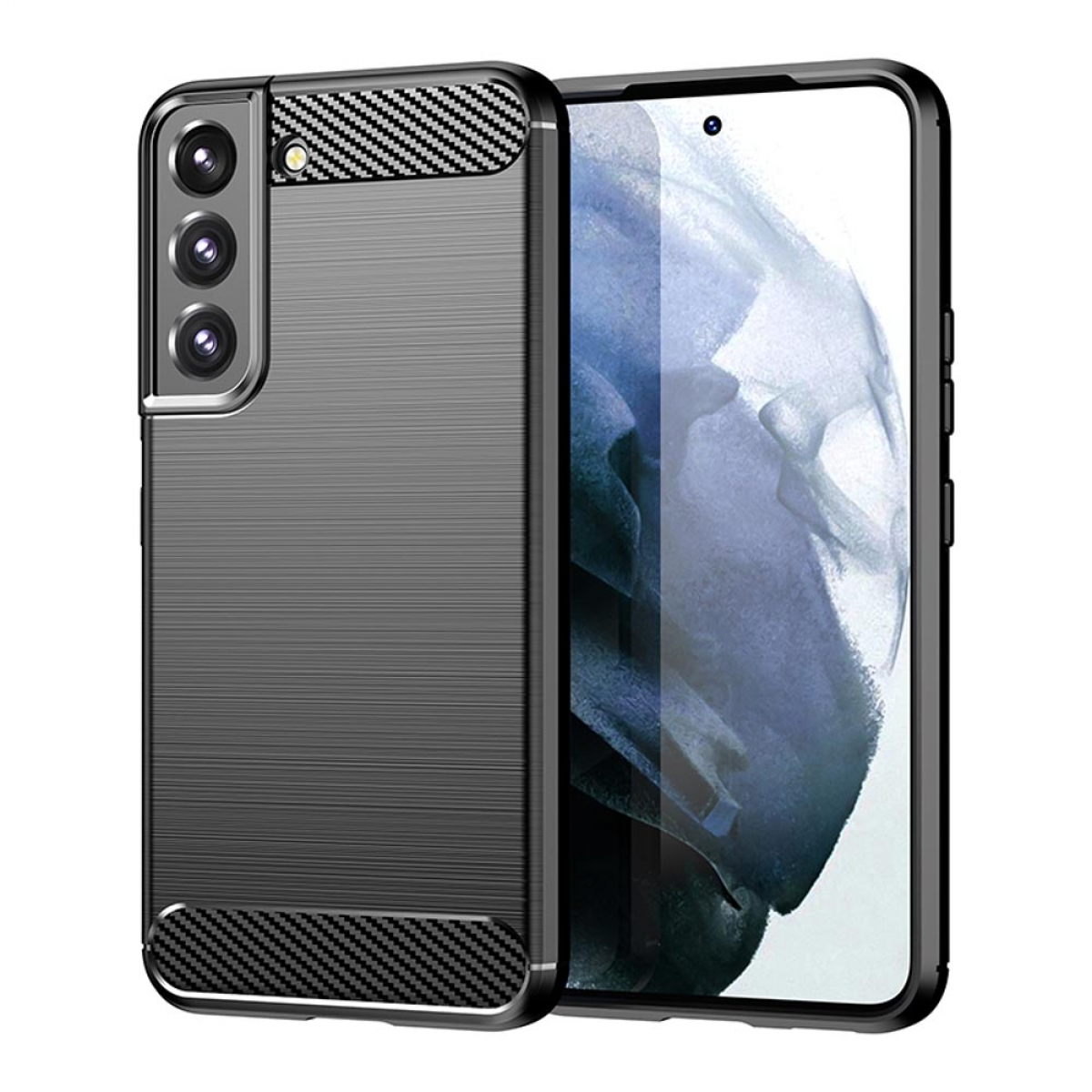 Schwarze Handyhülle mit Karbonfaser-Akzenten und ein Telefon mit Displayschutz.