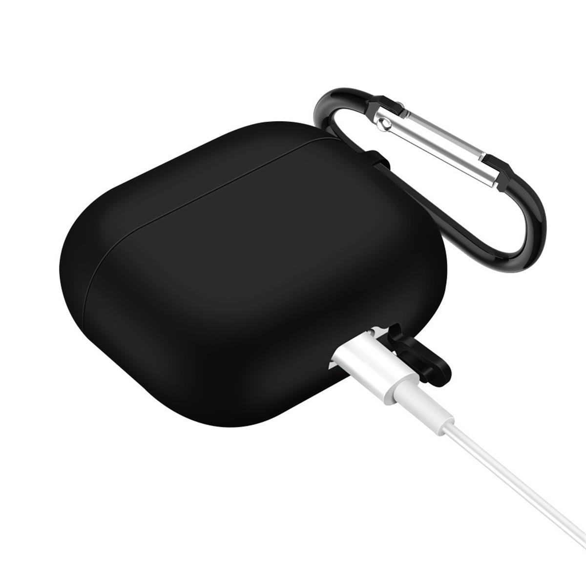 Schwarzes AirPods-Case mit silbernem Karabiner und weißem Ladekabel.