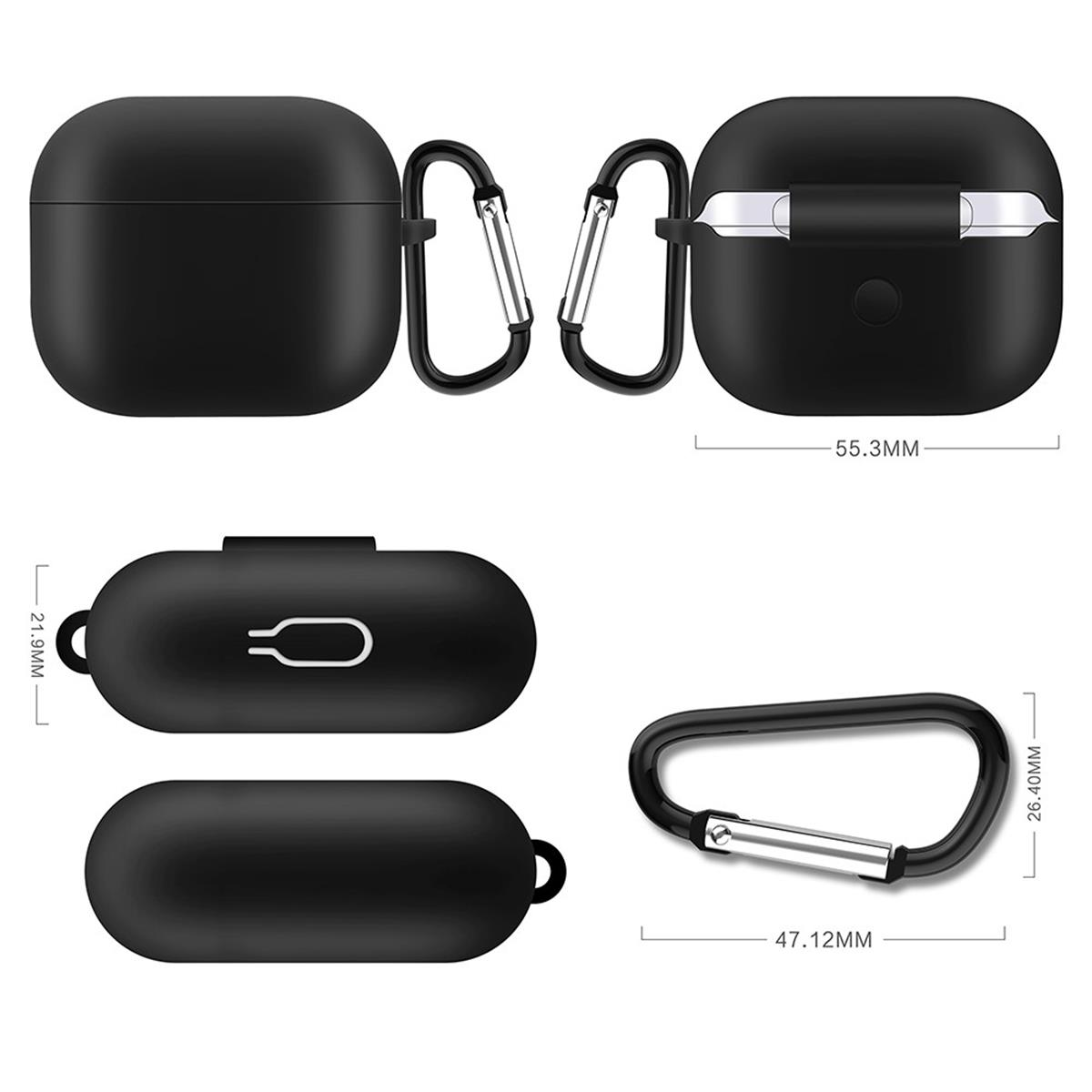 Schwarzes Ohrhörer-Etui mit Karabiner. Der Hintergrund ist weiß und hat Abmessungen.