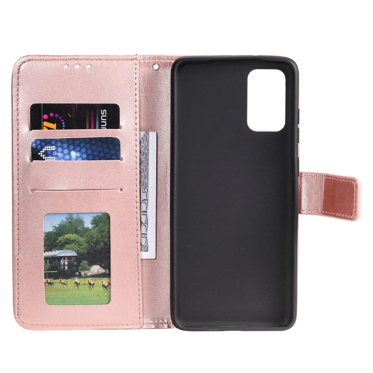 Geöffnete rosa Handyhülle mit Karten, Geld und einem Foto von Hirschen. Das Telefon ist drin.