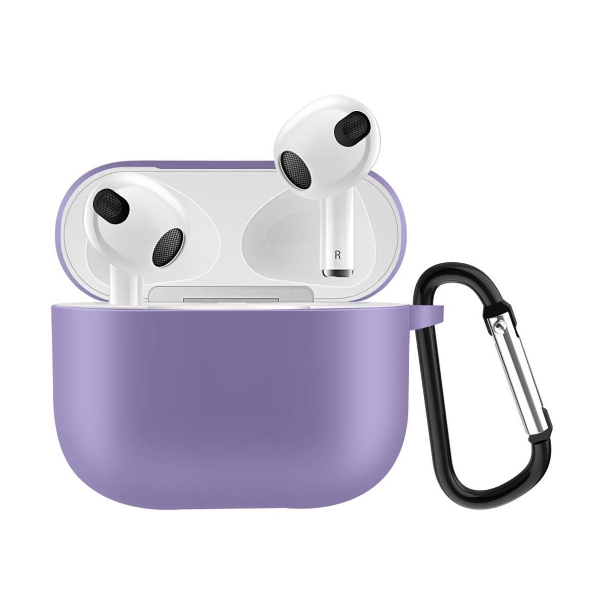 Weiße Ohrhörer in einem lila Case mit schwarzem Clip.