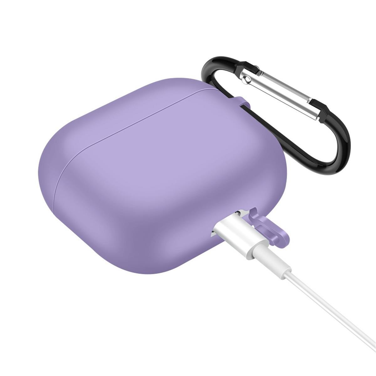 Ein lila Etui für Ohrhörer mit angeschlossenem Ladekabel und Karabiner.