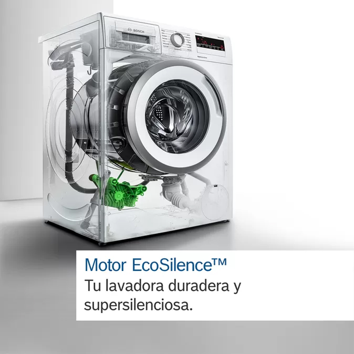 Una lavadora con un frente transparente que muestra el interior. El fondo es blanco liso.