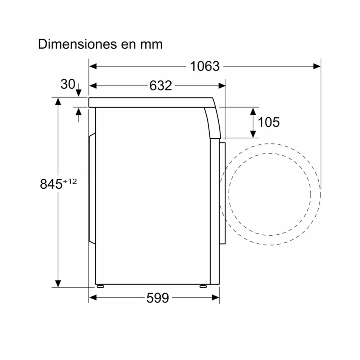 Dibujo técnico de una lavadora, mostrando dimensiones y vista lateral.