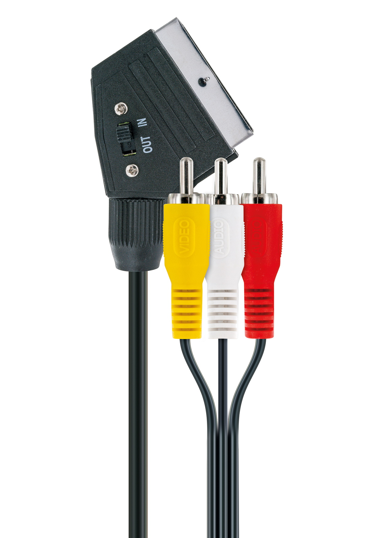 Scart-Anschluss mit gelben, weißen und roten Cinch-Steckern. Weißer Hintergrund.