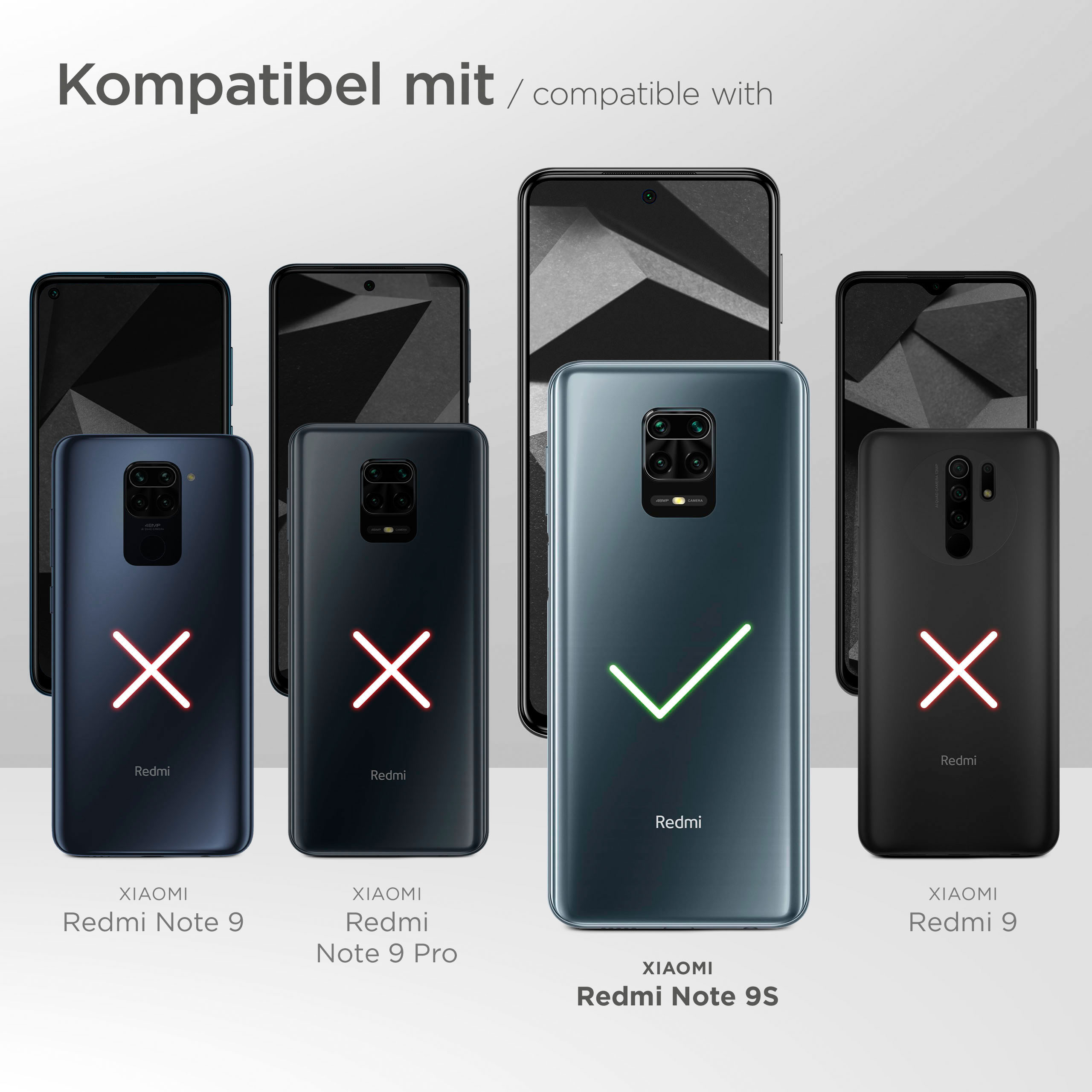 Bild zeigt mehrere Telefone mit Hüllen, Kompatibilität für Redmi Note 9S.