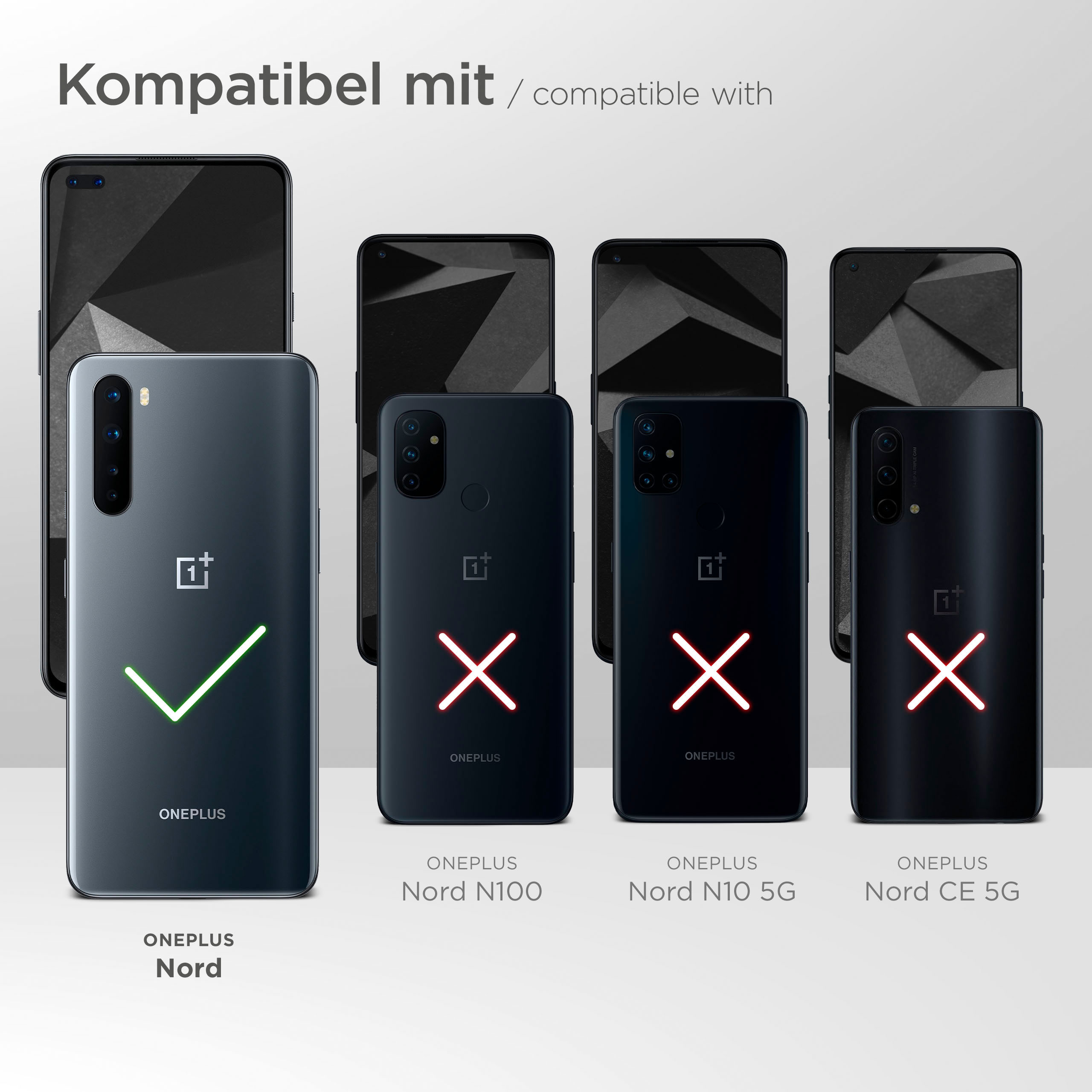 Vier Telefone, ein grünes Häkchen und drei rote Kreuze, Modelle OnePlus Nord.