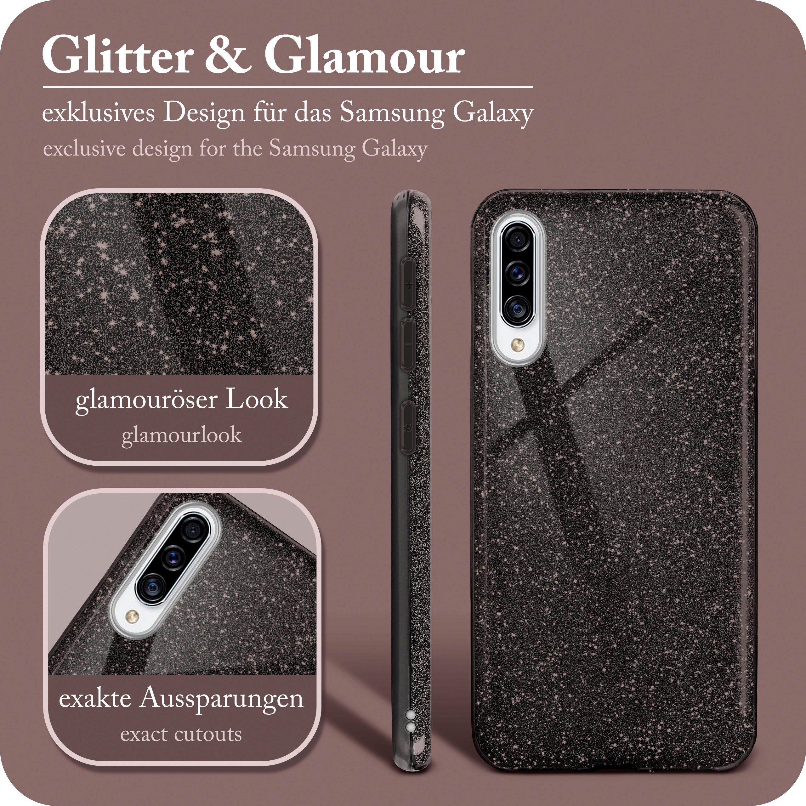 Schwarze Glitzer-Handyhülle mit Text, Nahaufnahmen der Hülle und Aussparungen für ein Samsung Galaxy.