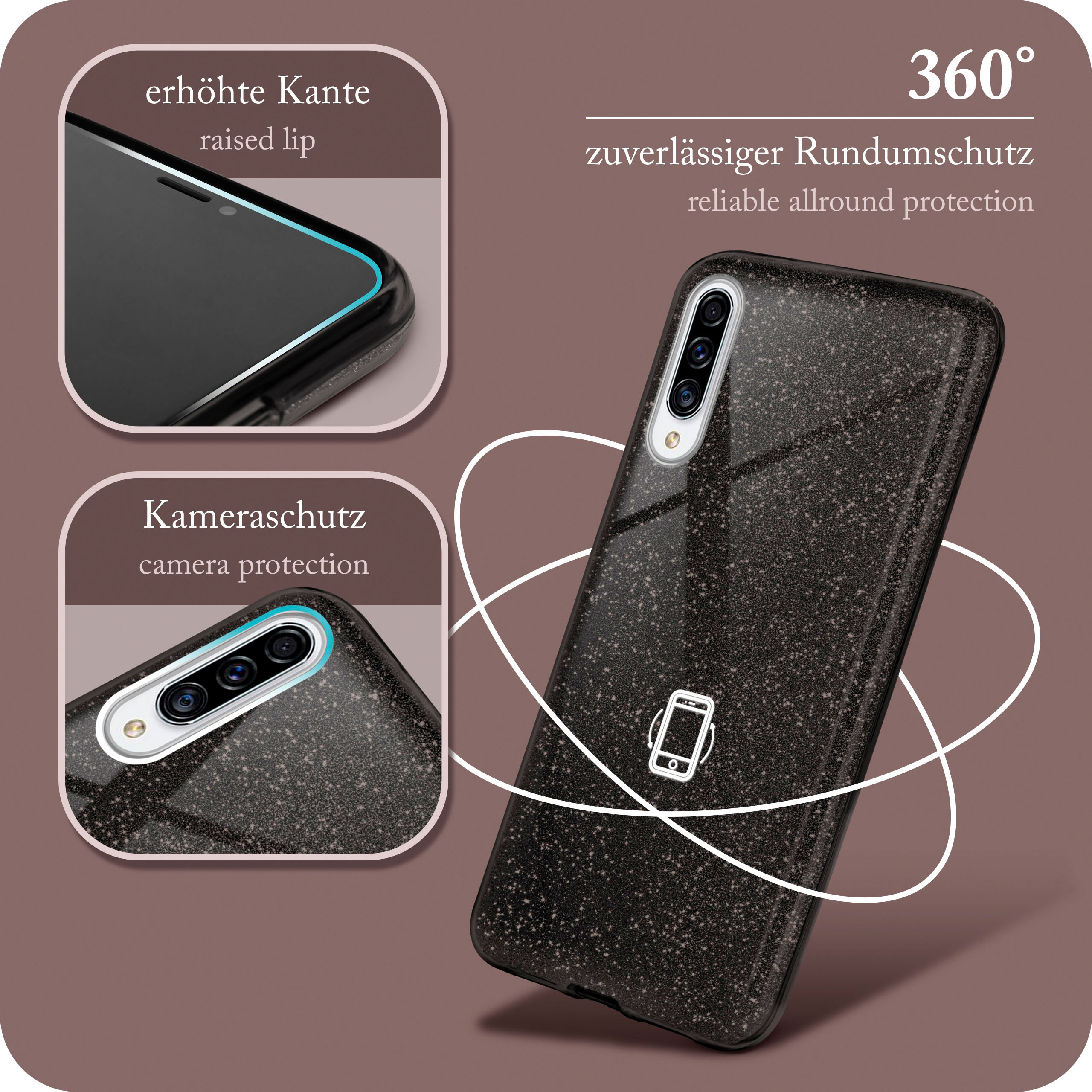 Eine schwarze Handyhülle mit gesprenkeltem Design wird gezeigt. Merkmale sind Kameraschutz und erhöhte Kanten für die Bildschirmsicherheit.