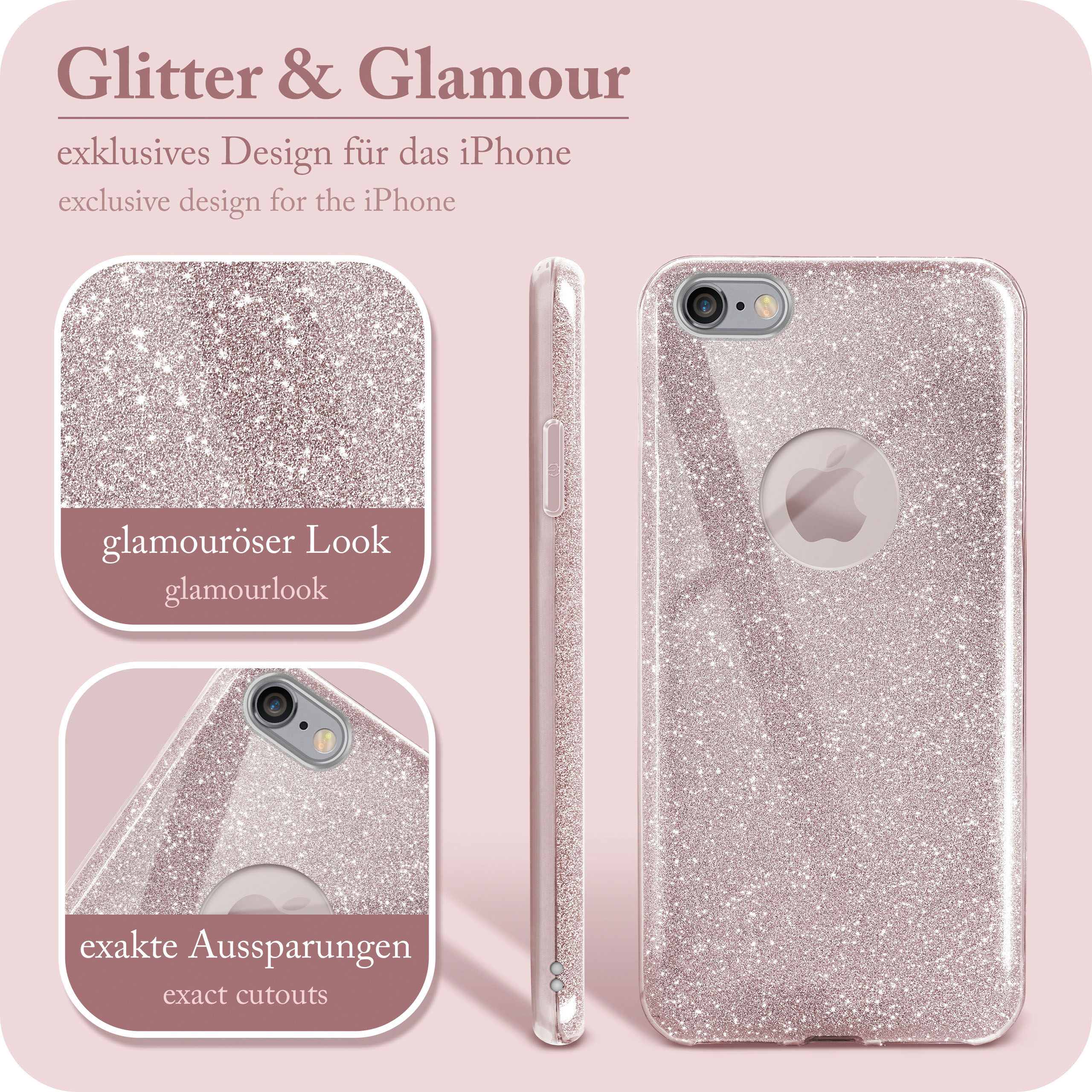 Rosa glitzernde Handyhülle mit drei Ansichten. Der Text auf dem Bild lautet 'Glitter & Glamour' und 'exklusives Design'.