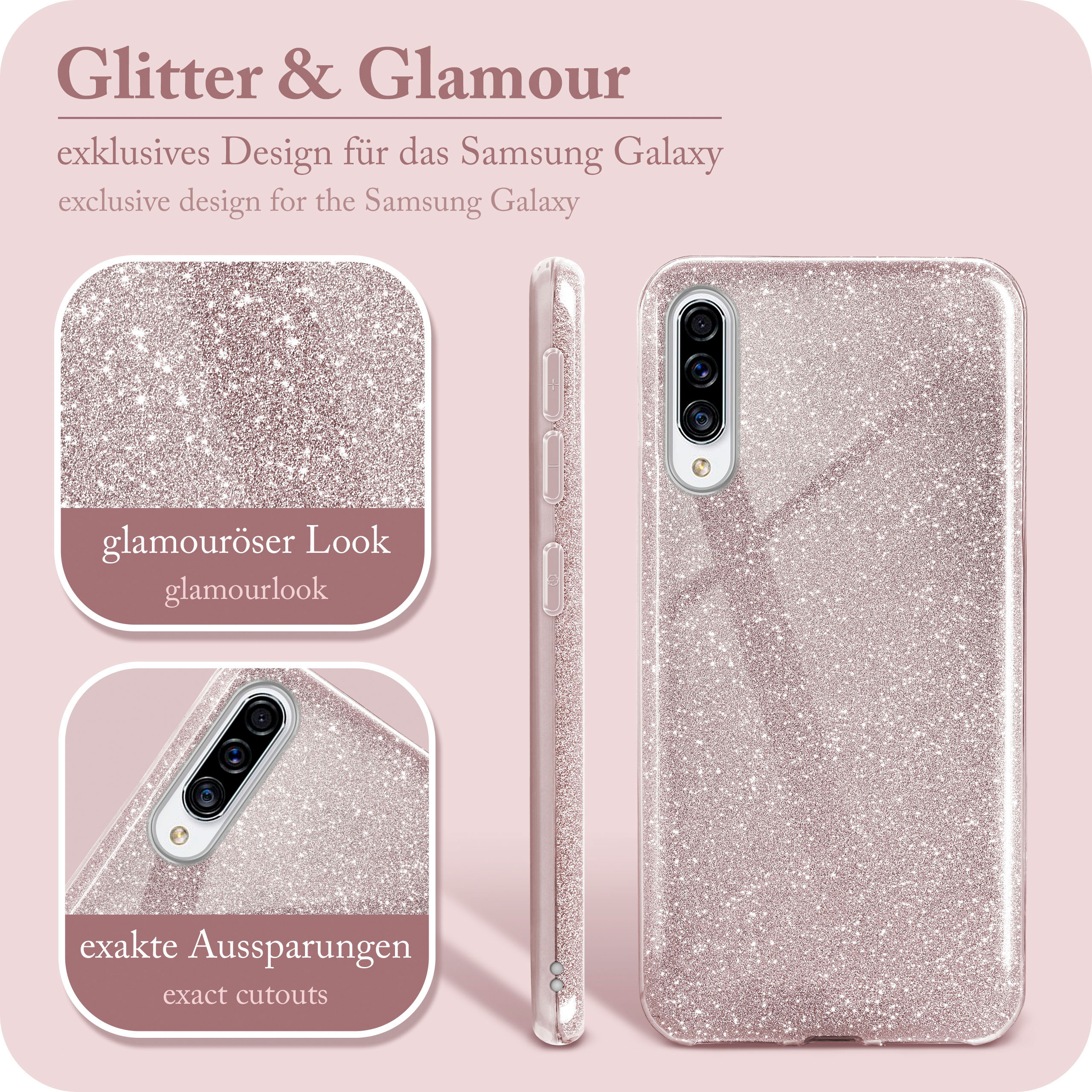 Glitzernde rosa Handyhülle mit Text, der die Produktmerkmale beschreibt.