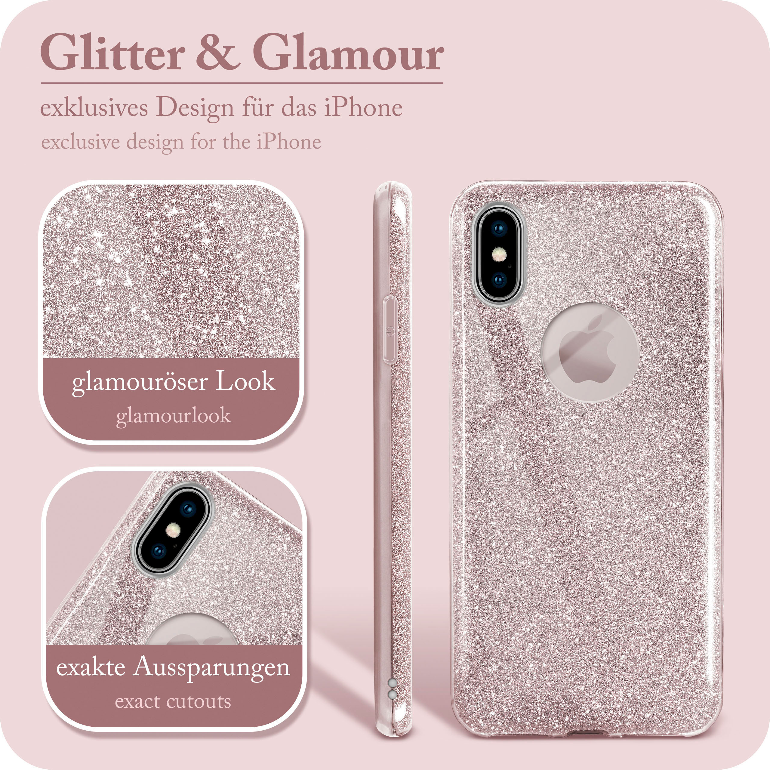 Rosa Glitzer-Handyhülle mit Aussparungen und Nahaufnahme, mit Text 'Glitter & Glamour'.