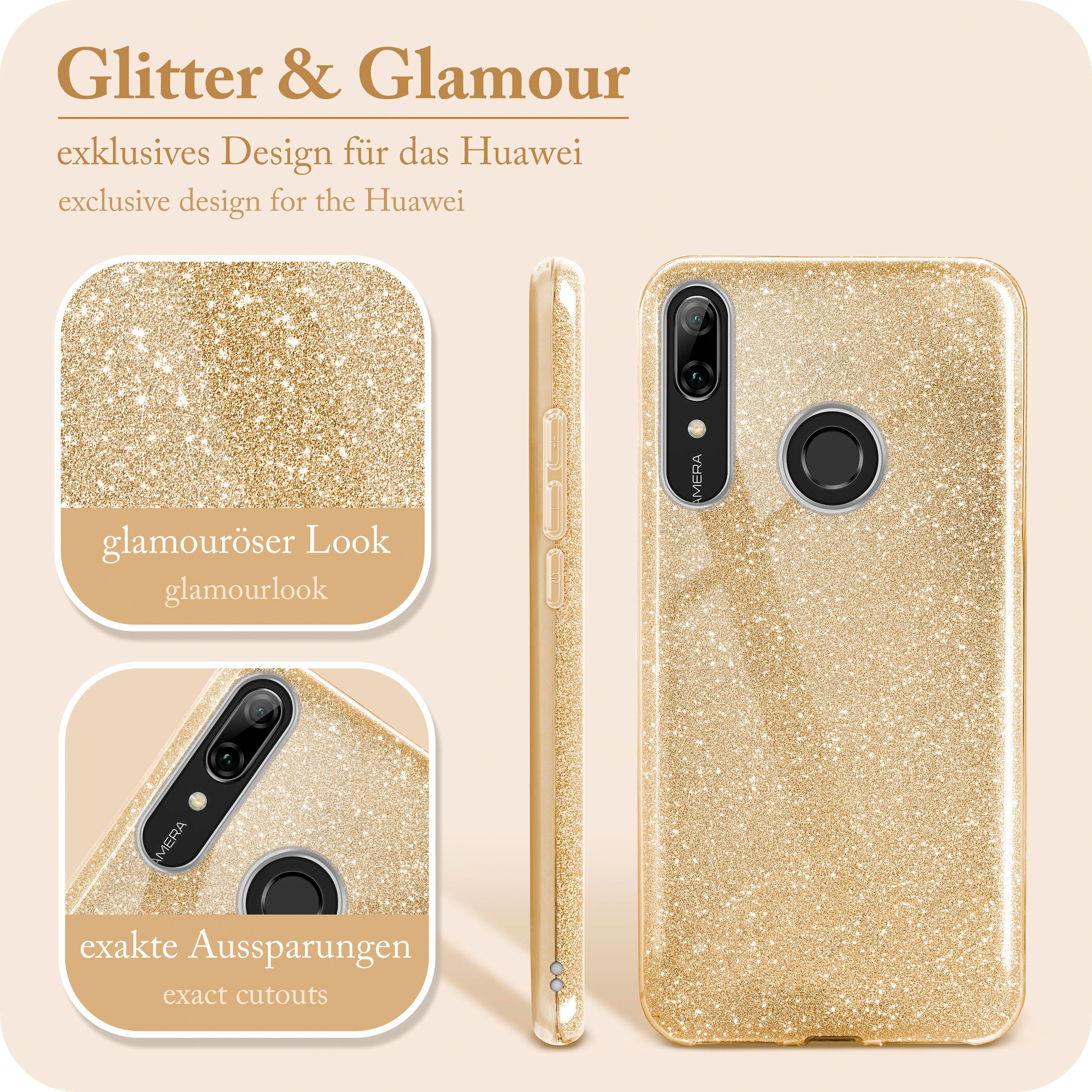Goldene Glitzer-Handyhülle mit Text: Glitter & Glamour, mit drei Detaileinsätzen.