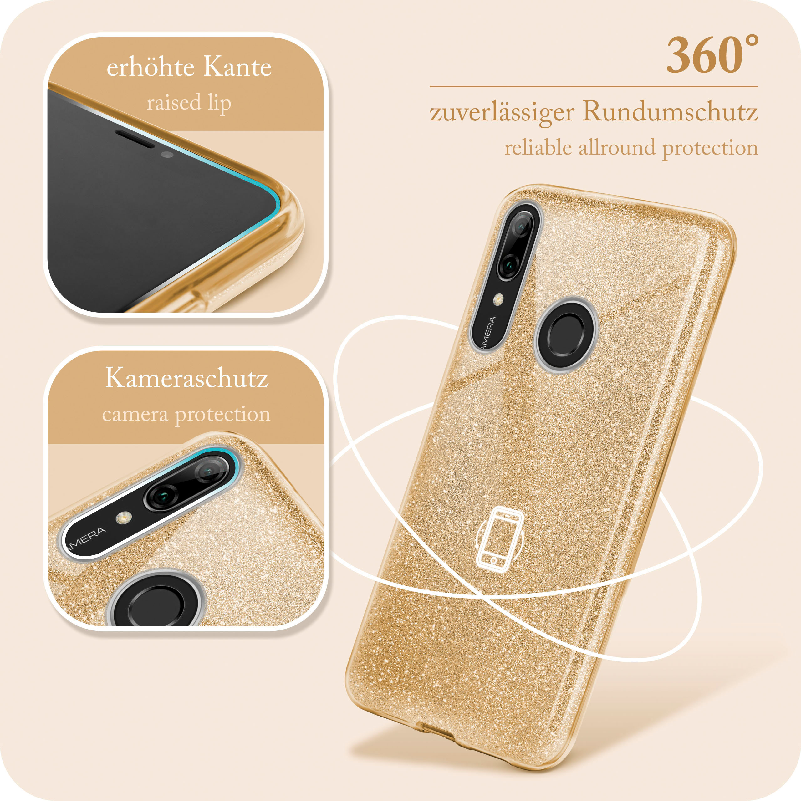 Goldene Handyhülle mit Glitzer. Nahaufnahmen zeigen Kameraschutz und erhöhte Kanten. Der Text lautet '360° Schutz'.
