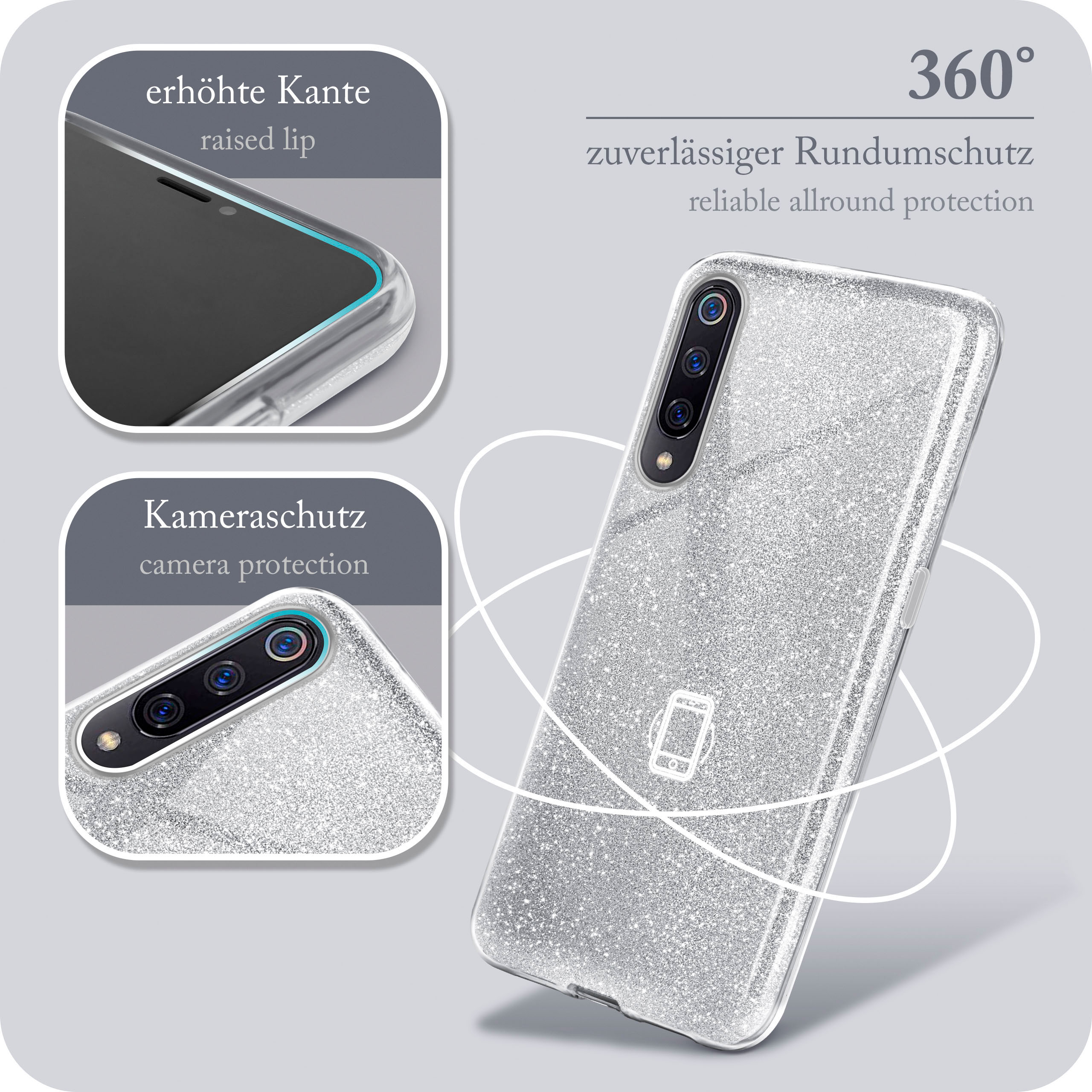 Silberne Glitzer-Handyhülle mit Telefon. Diagramme zeigen erhöhte Lippe und Kameraschutz.