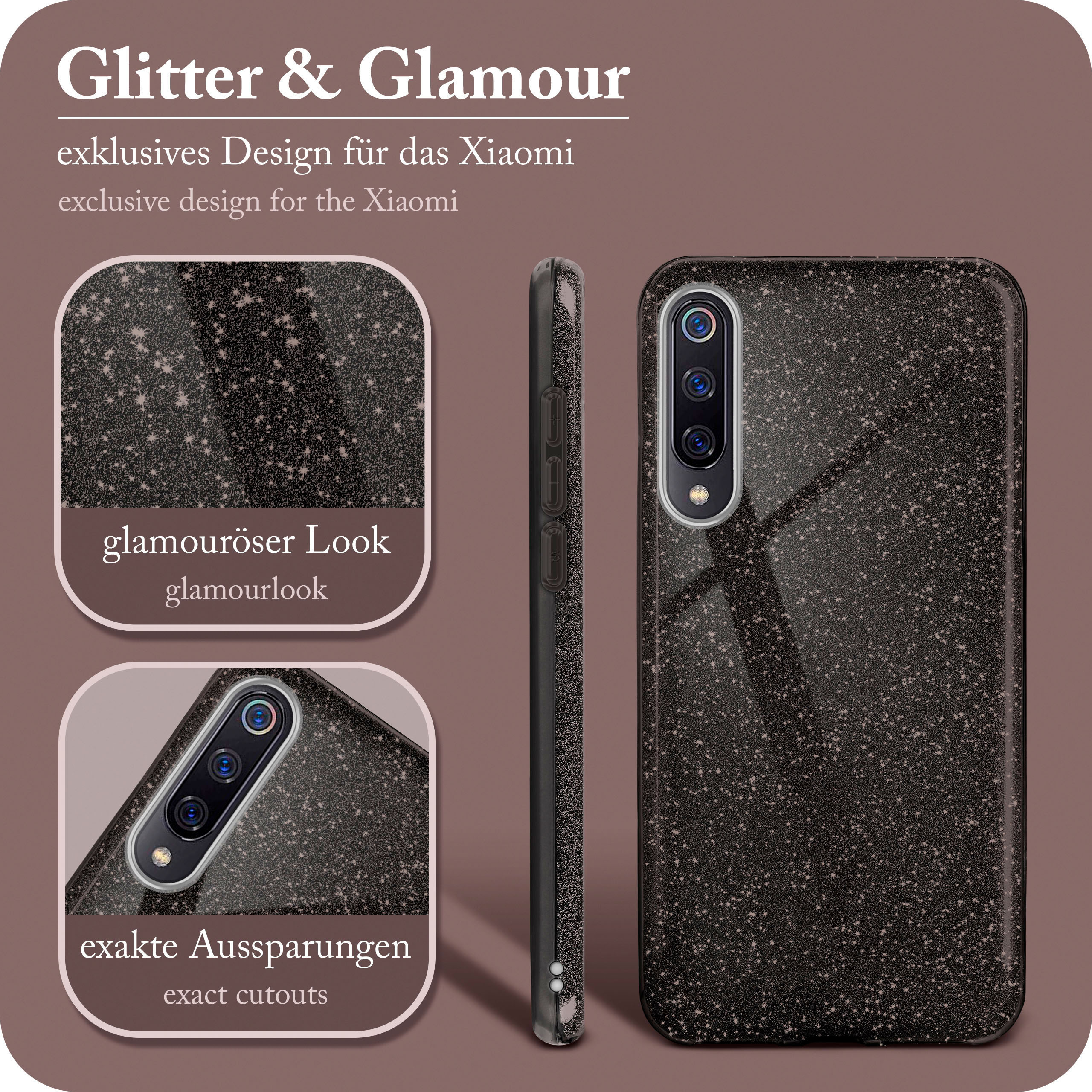 Schwarze Handyhülle mit Glitzermuster, Seiten- und Draufsicht. Text: Glitter & Glamour.