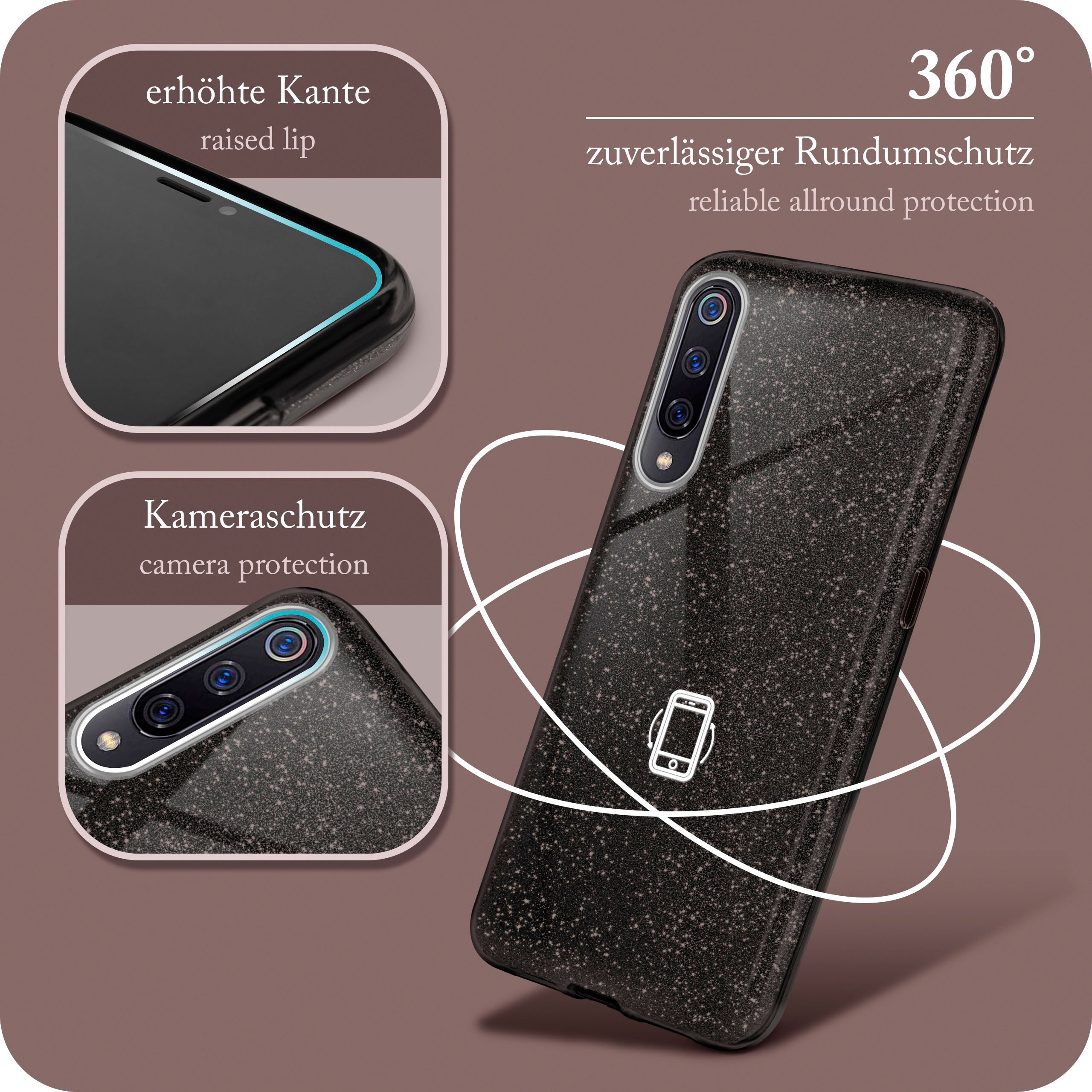 Schwarze Handyhülle mit Design, mit Text und Bildern von Funktionen.