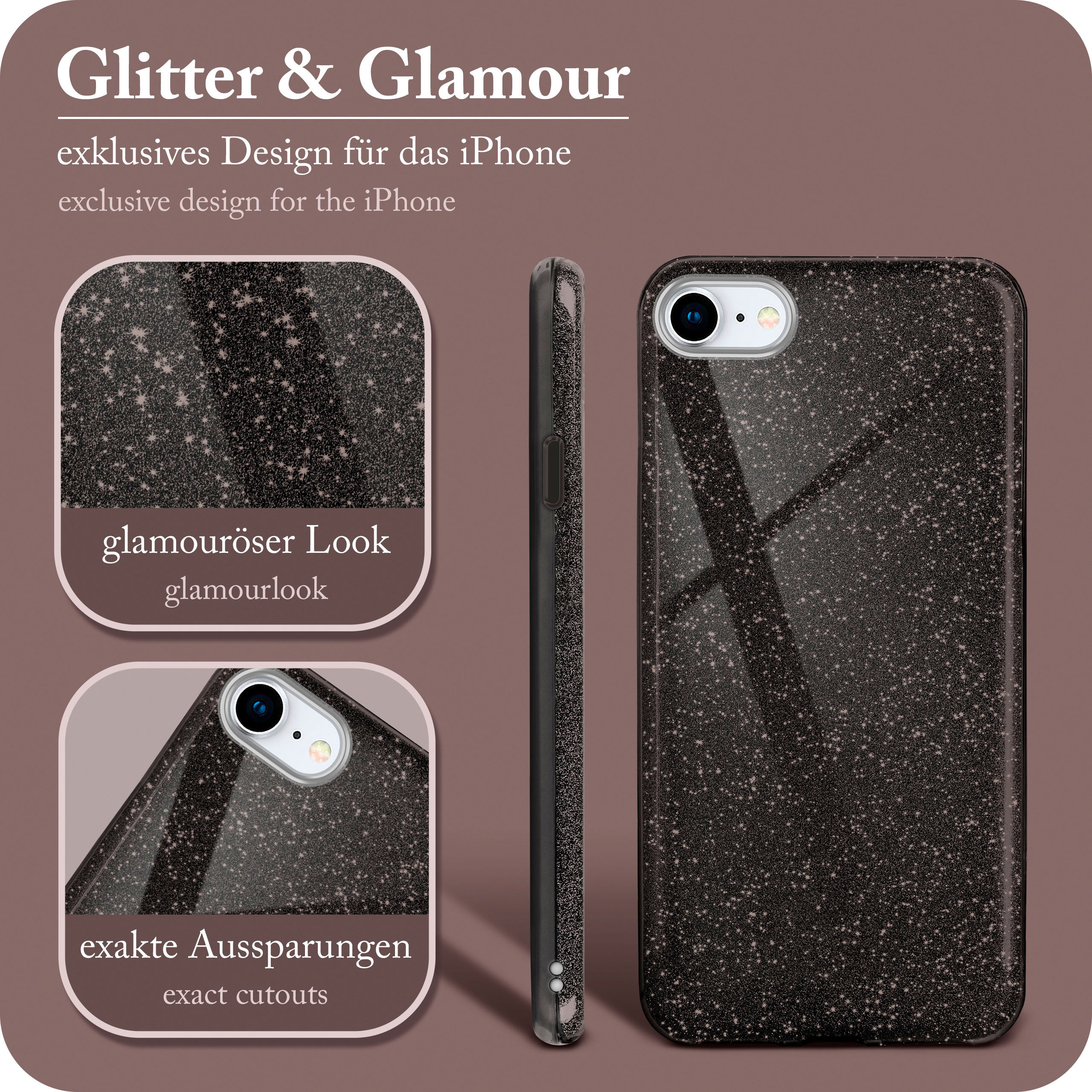 Handyhülle mit Glitzerdesign. Text: 'Glitter & Glamour'.