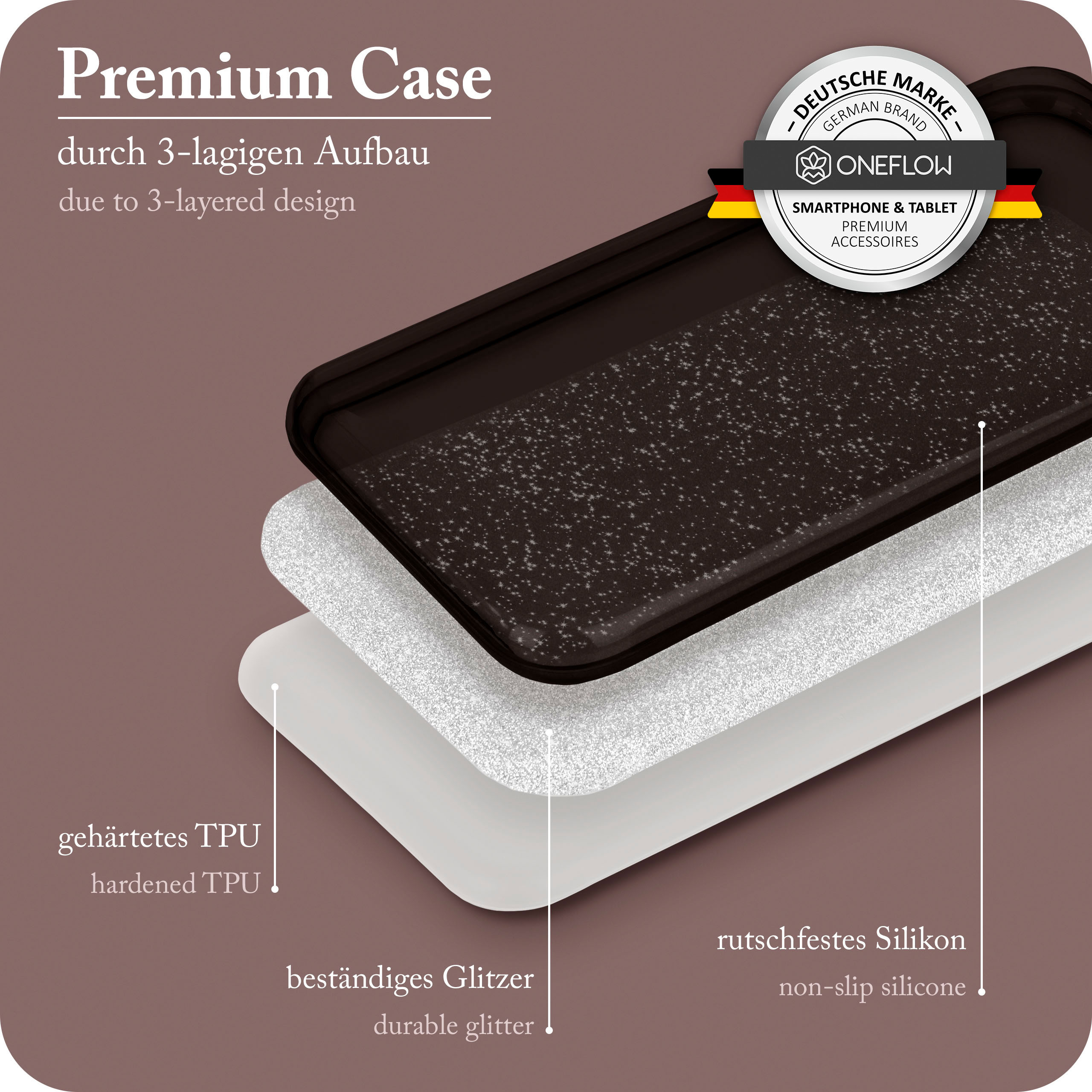 Eine mehrschichtige Handyhülle, die eine schwarze äußere, eine weiße mittlere und eine glitzernde innere Schicht zeigt.