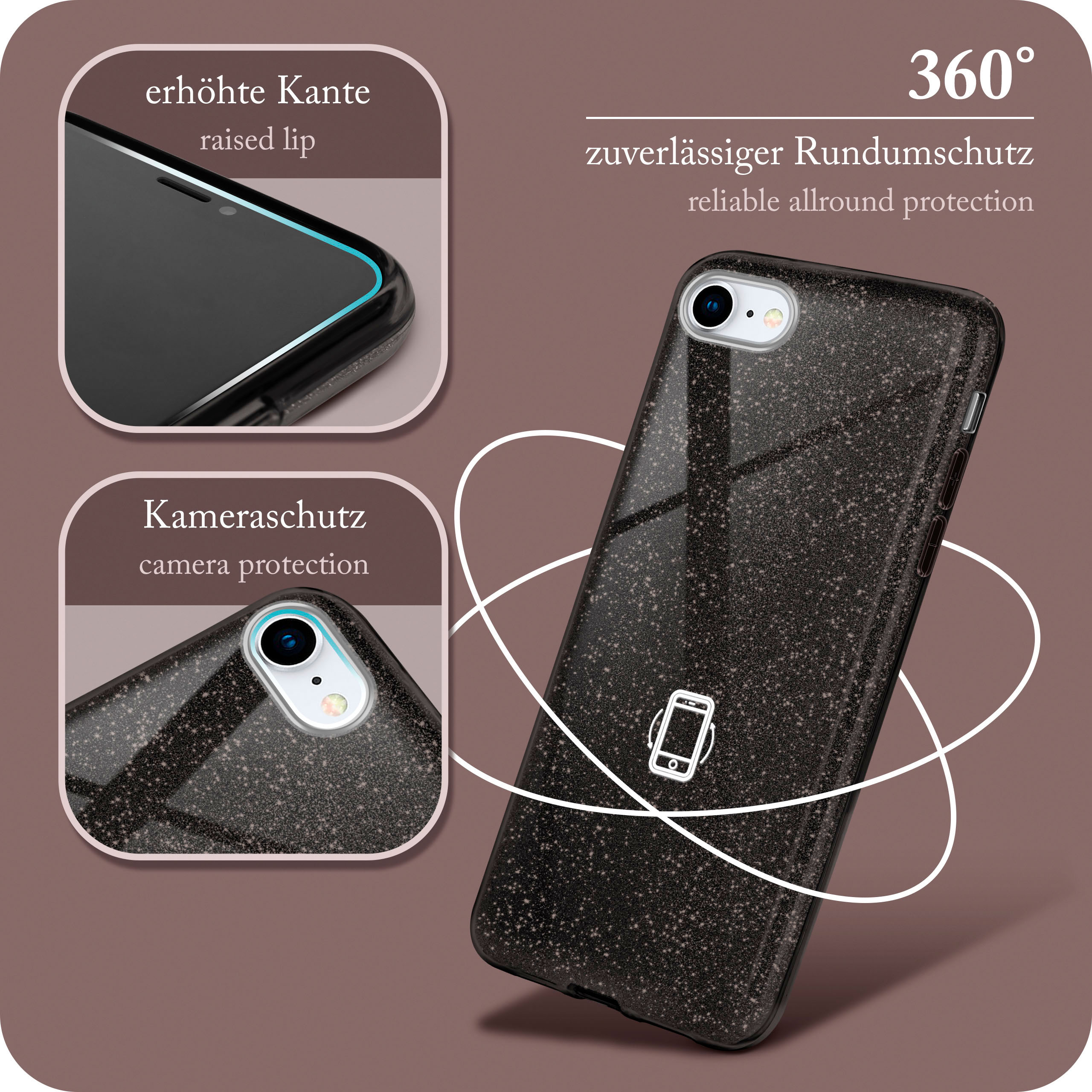 Schwarze Glitzer-Handyhülle mit 360°-Schutzdiagramm und Kameraschutzdetails.